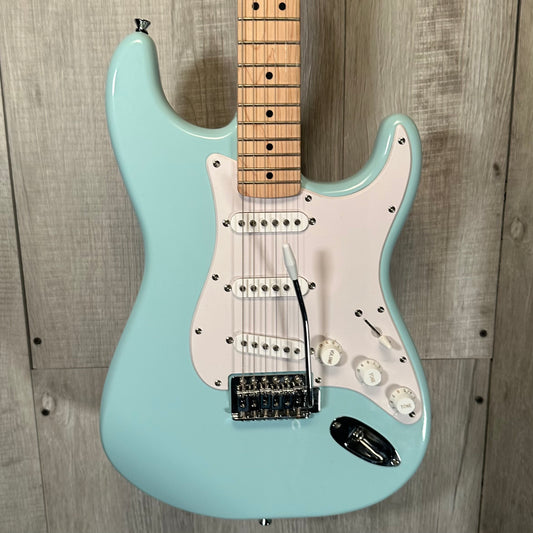 Front of Used Squier Stratocaster Daphne Blue w/bag TSS3882