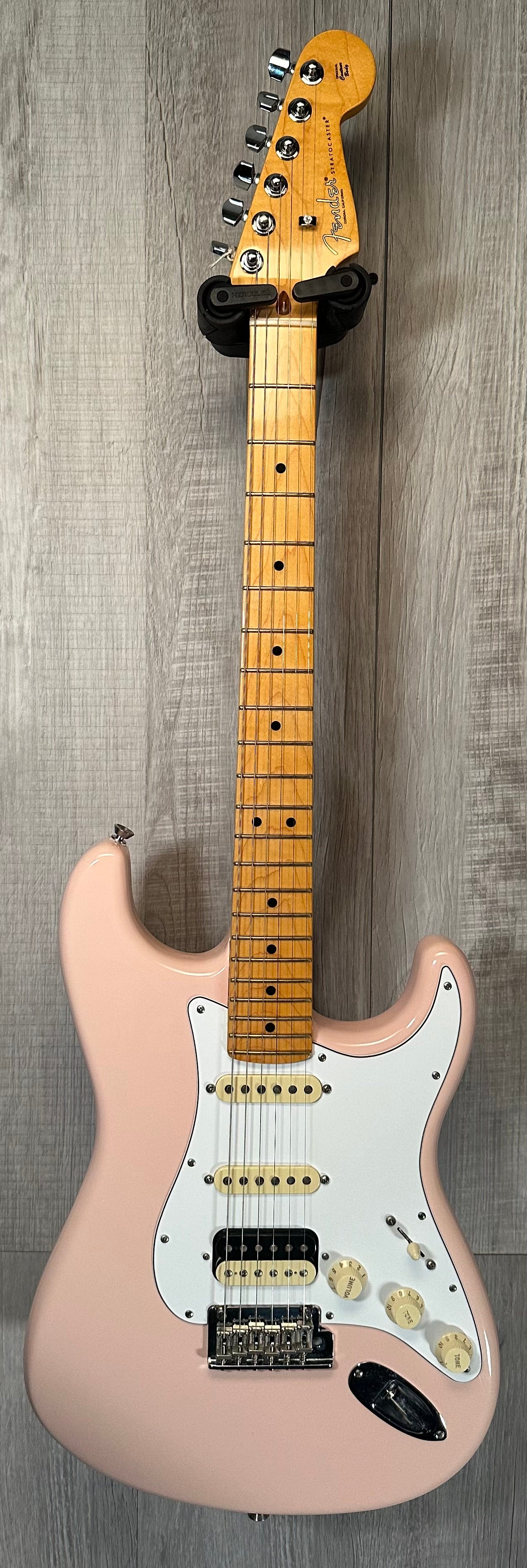 Full front of Used 2022 Fender American Professional II Stratocaster HSS Shell Pink MN w/case TSS3912