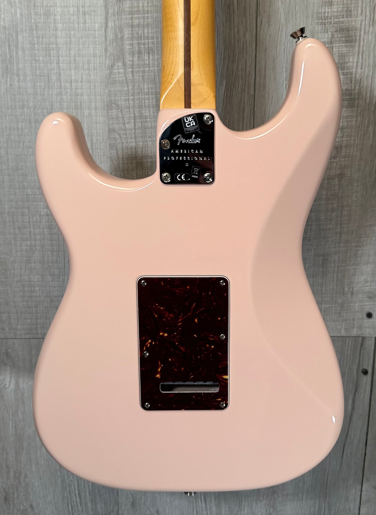 Back of Used 2022 Fender American Professional II Stratocaster HSS Shell Pink MN w/case TSS3912