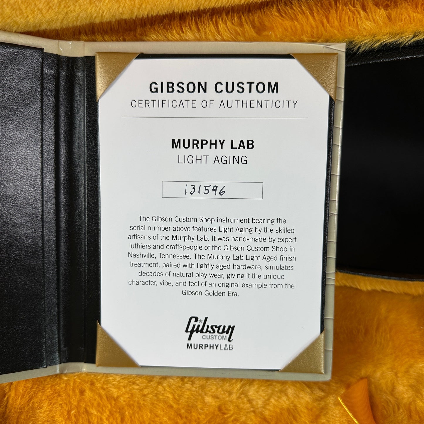 Certificate of authenticity for Gibson Custom 1964 ES-335 Reissue Bigsby Custom Made Plate, Murphy Lab Light Aged Vintage Burst.