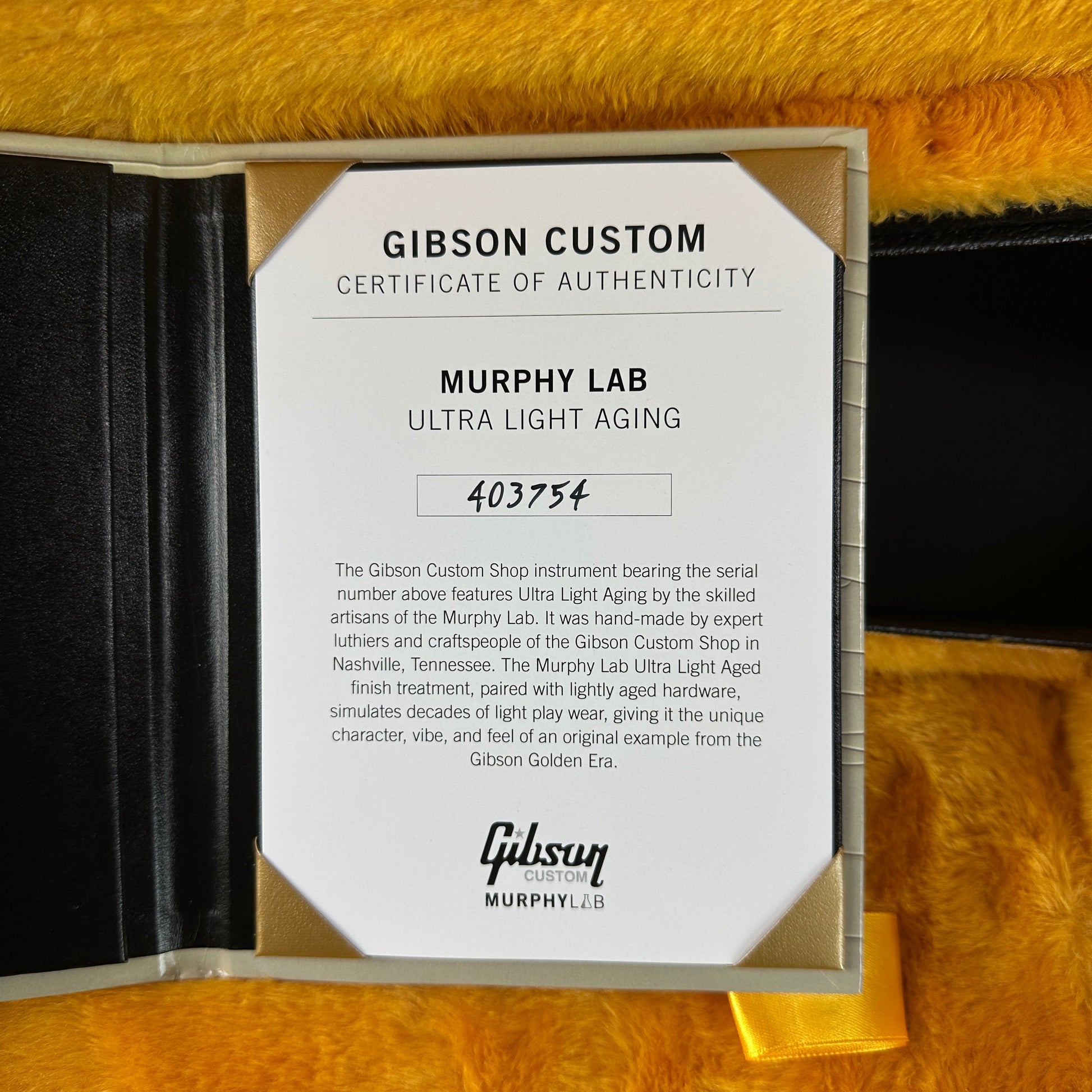 Certificate of authenticity for Gibson Custom Shop M2M 1964 SG Standard Reissue w/Maestro Murphy Lab Ultra Light Aged Double Gold w/Stinger.