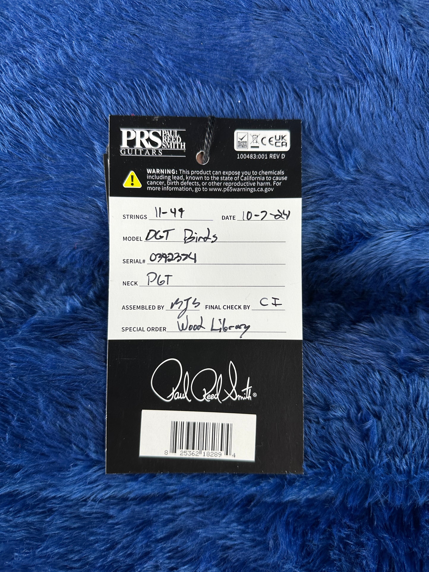 Hang tag for PRS TSG Anniversary Wood Library Artist DGT Gold Storm Fade Brazilian Rosewood.