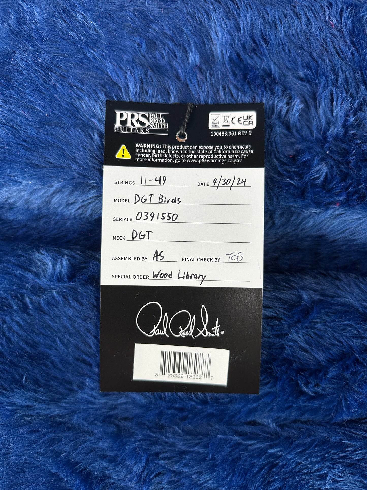 Hang tag for PRS TSG Anniversary Wood Library Artist DGT Frostbite Brazilian Rosewood.