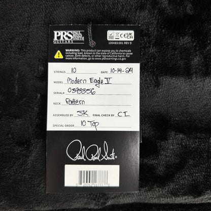 Hang tag for PRS Modern Eagle V 10 Top Charcoal.