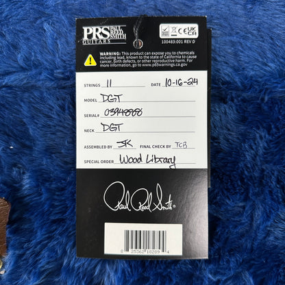 Hang tag for PRS TSG Anniversary Wood Library Artist DGT Gold Storm Fade Brazilian Rosewood.