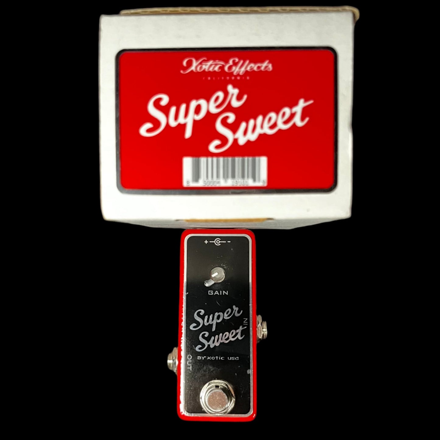 Top of w/box of Used Xotic Super Sweet Booster Pedal w/box TFW731