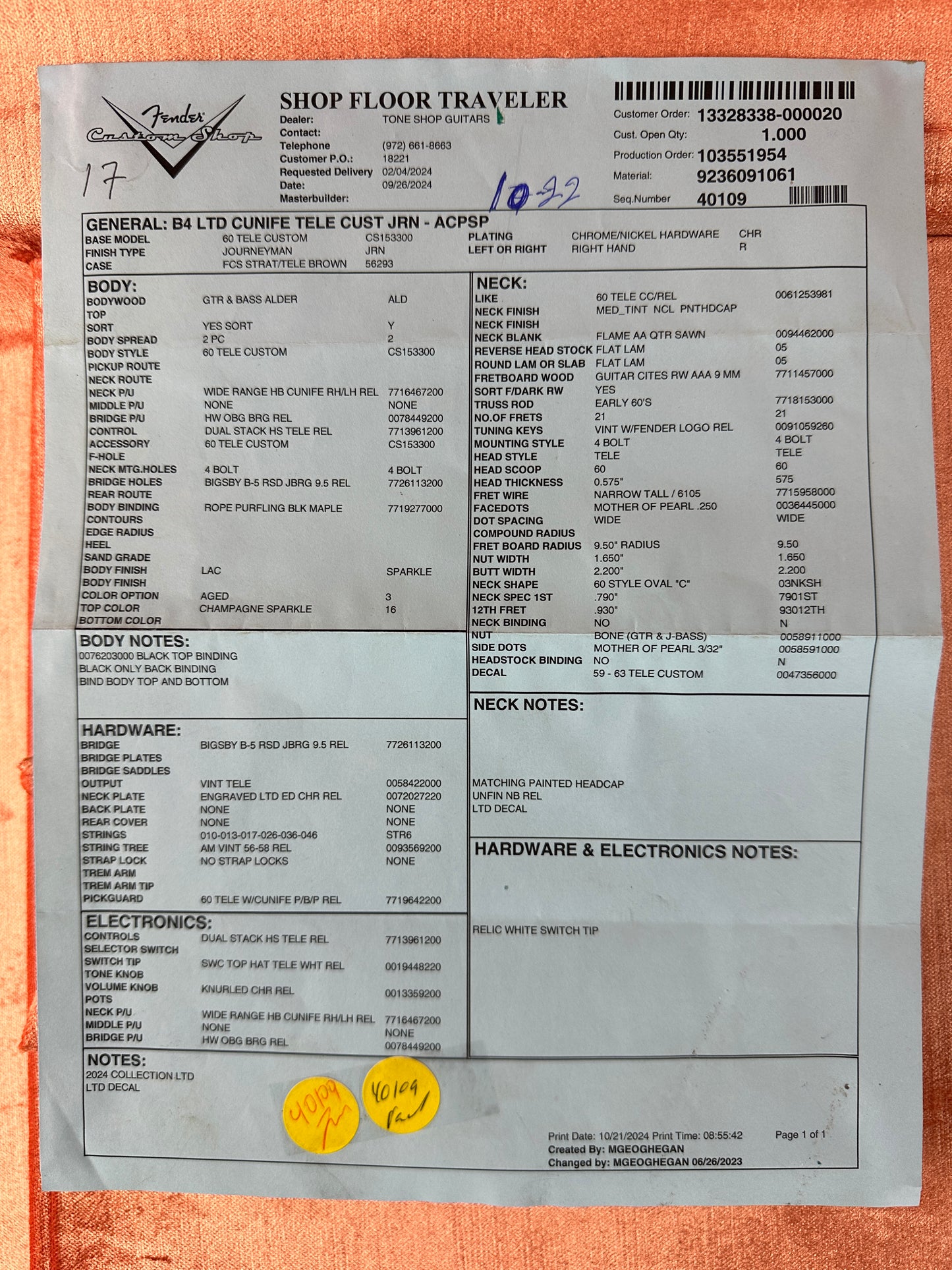 Spec sheet for Fender Custom Shop Limited Edition Cunife Tele Custom Journeyman Relic Aged Champagne Sparkle.