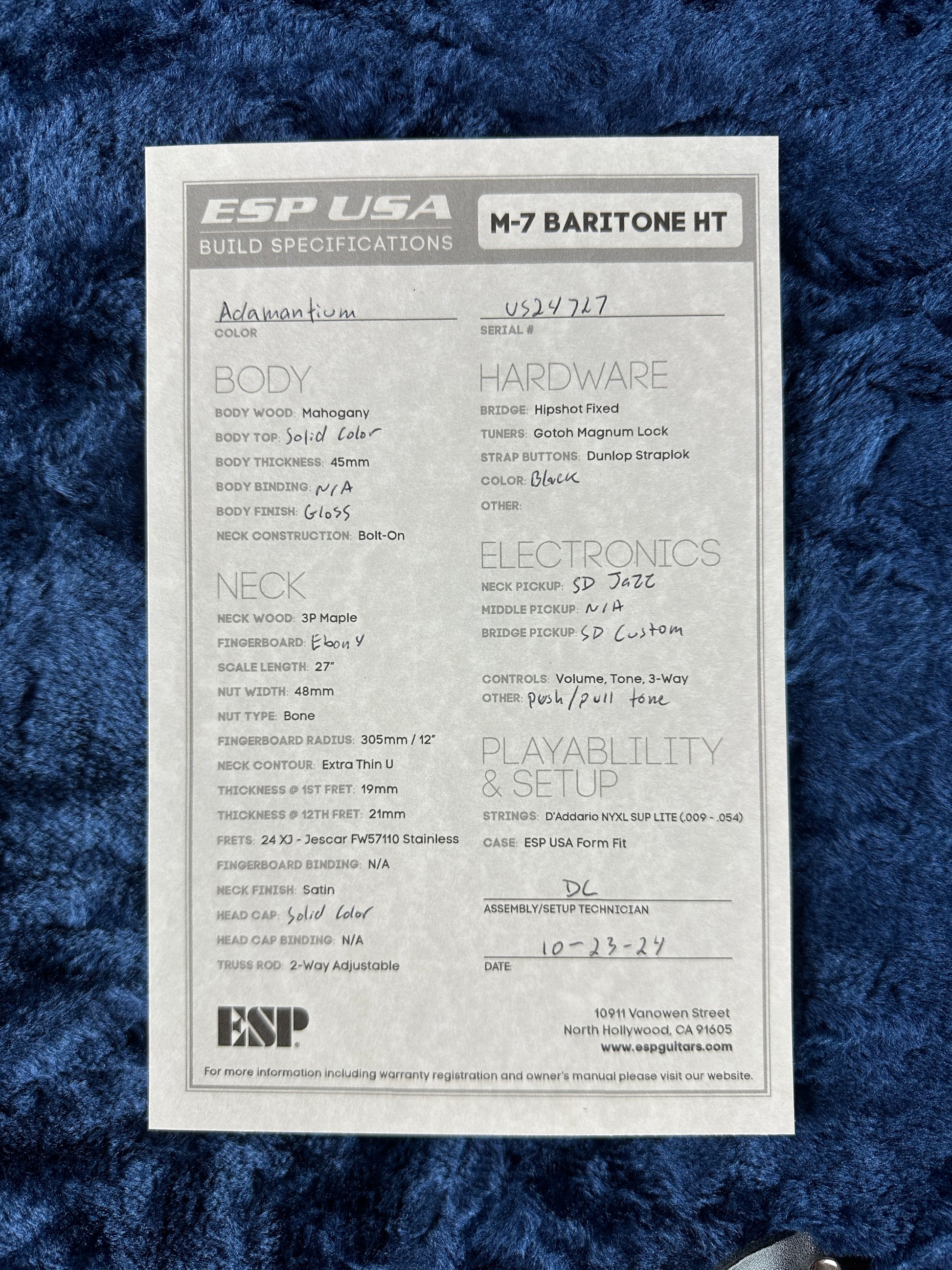 Spec sheet for ESP USA M-7 Baritone  Black Adamantium.