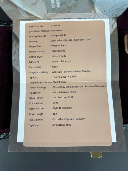 Spec sheet for Martin Custom Shop OM-41 Ambertone Torch Motif Carpathian Spruce/Cocobolo.