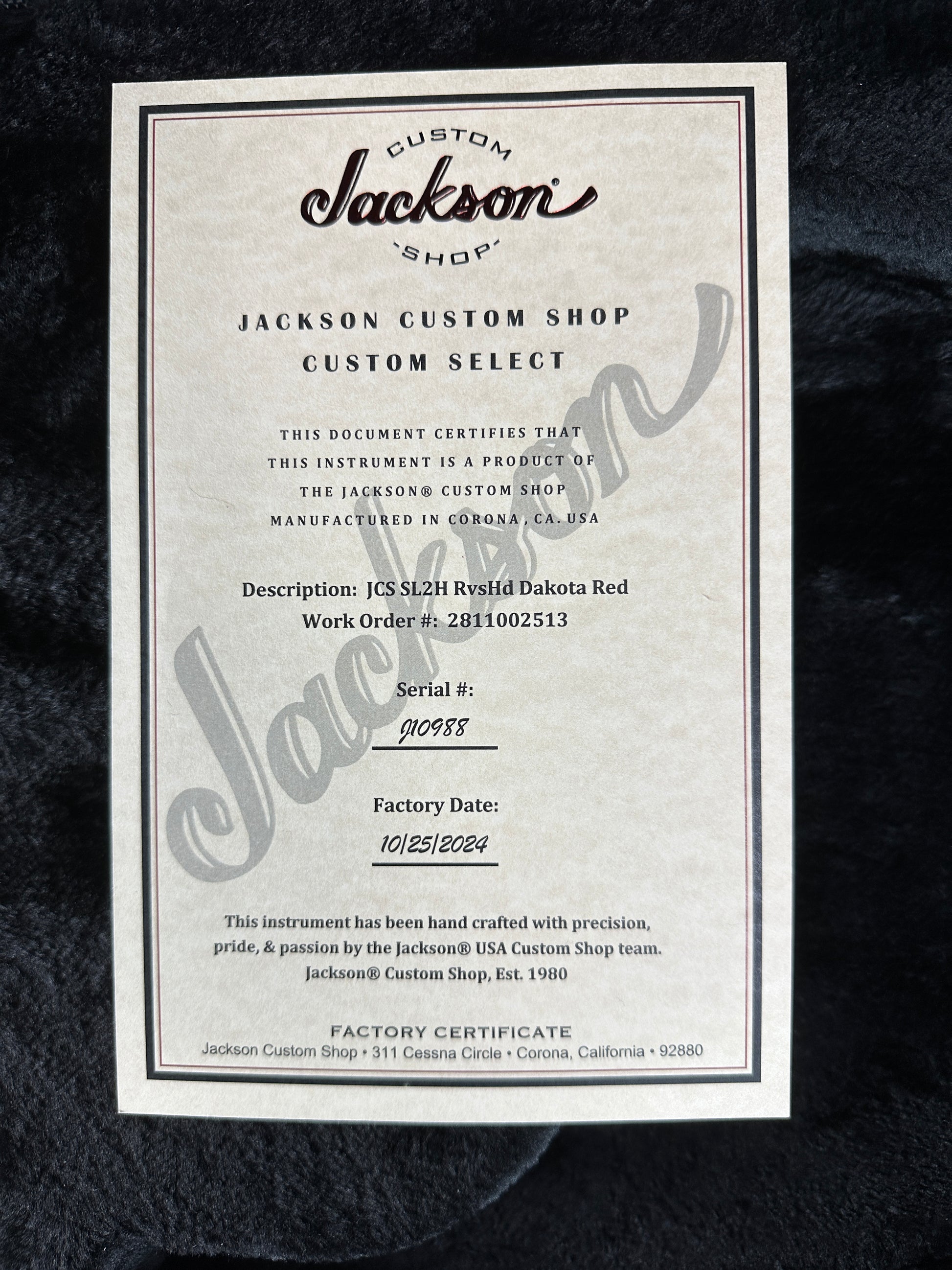 Certificate of authenticity for Jackson Custom Shop SL2H Reverse Headstock Dakota Red.