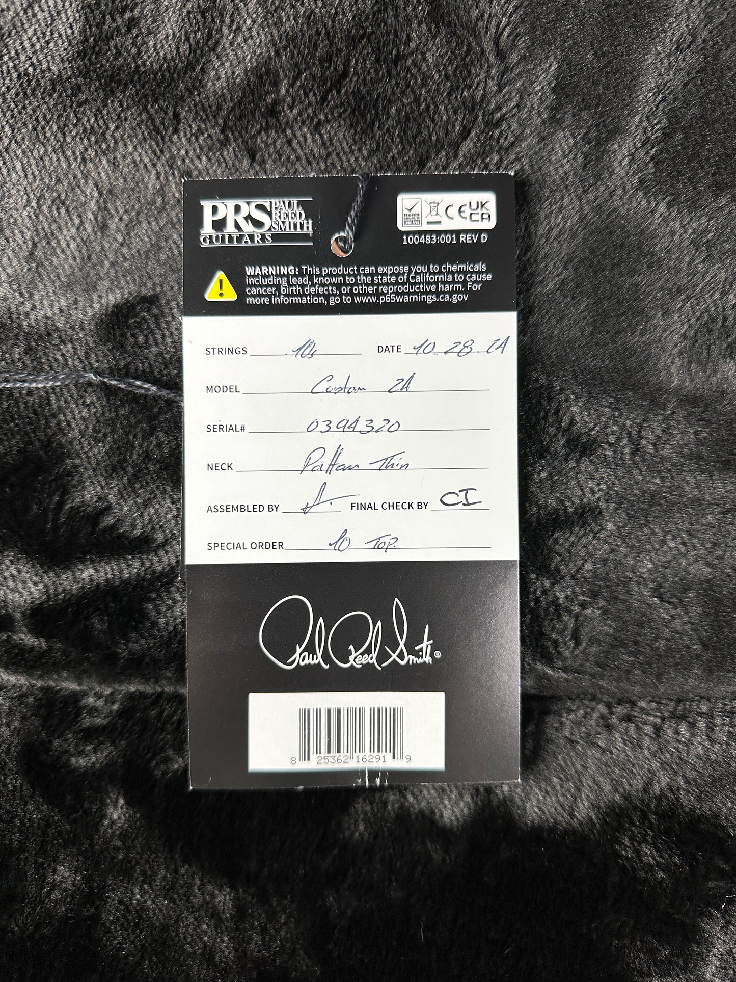 Hang tag for PRS Paul Reed Smith Custom 24 10 Top Cobalt Smokeburst Birds.