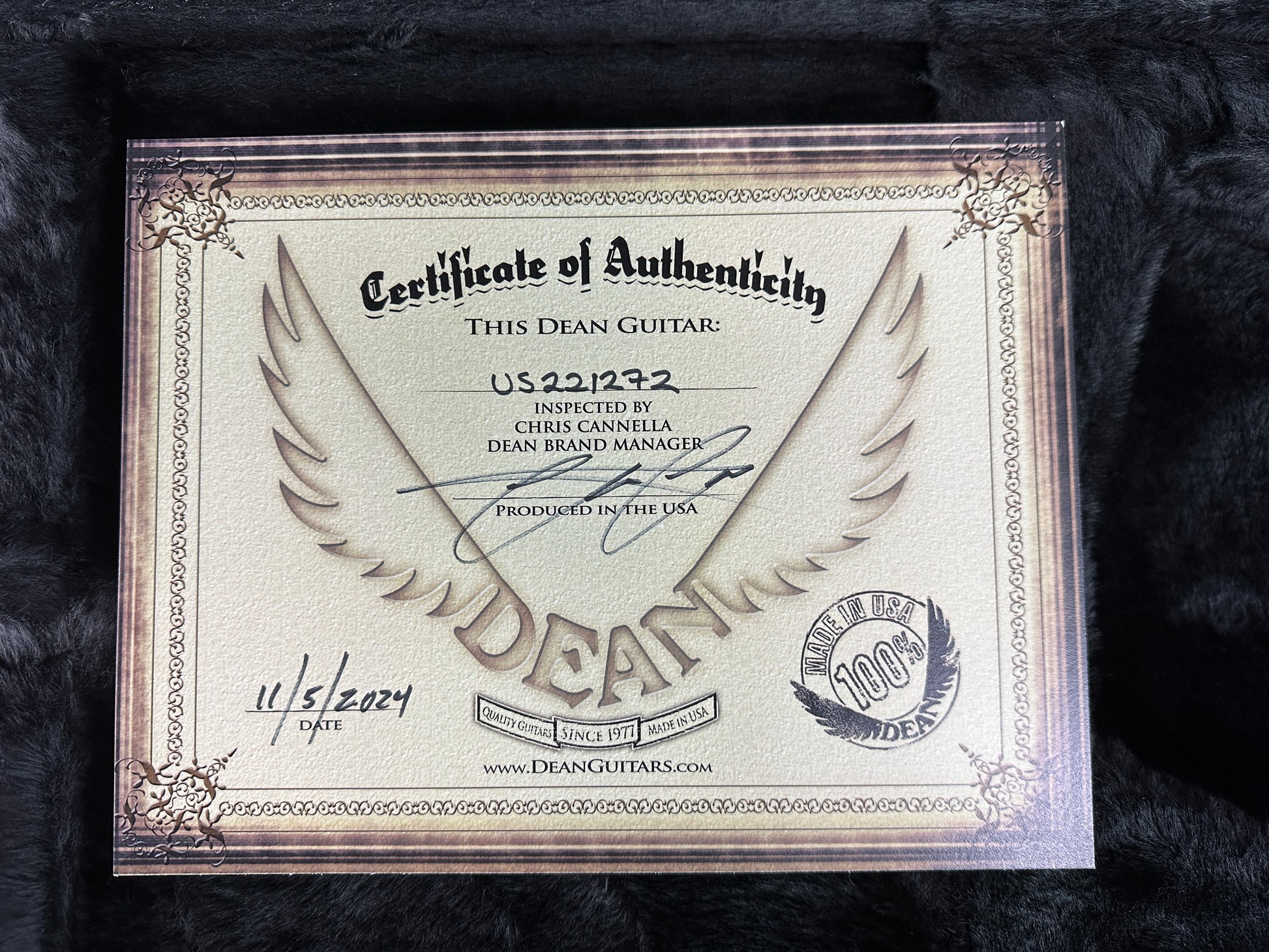 Certificate of authenticity for Dean USA Custom Shop Cadillac Spalted Maple Gold Hardware.