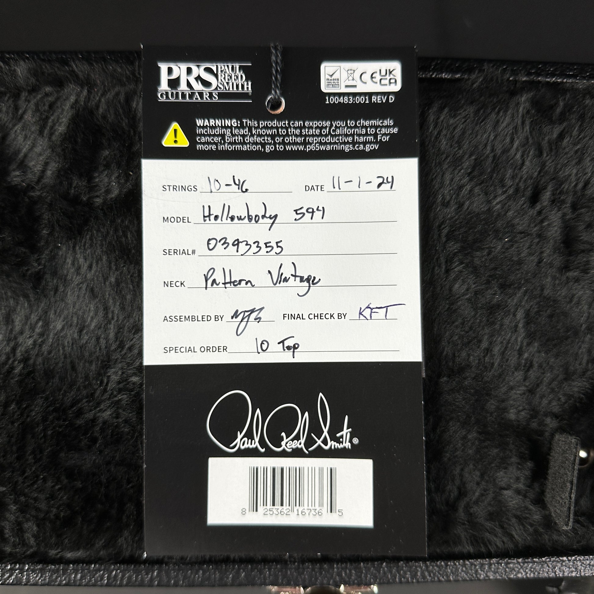 Hang tag for PRS Paul Reed Smith McCarty 594 Hollowbody II 10 Top McCarty Sunburst.