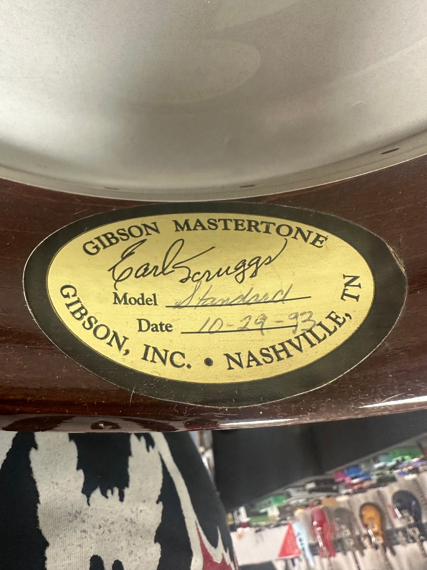 Sitcker inside of Gibson RB250 Earl Scruggs Mastertone Banjo w/case