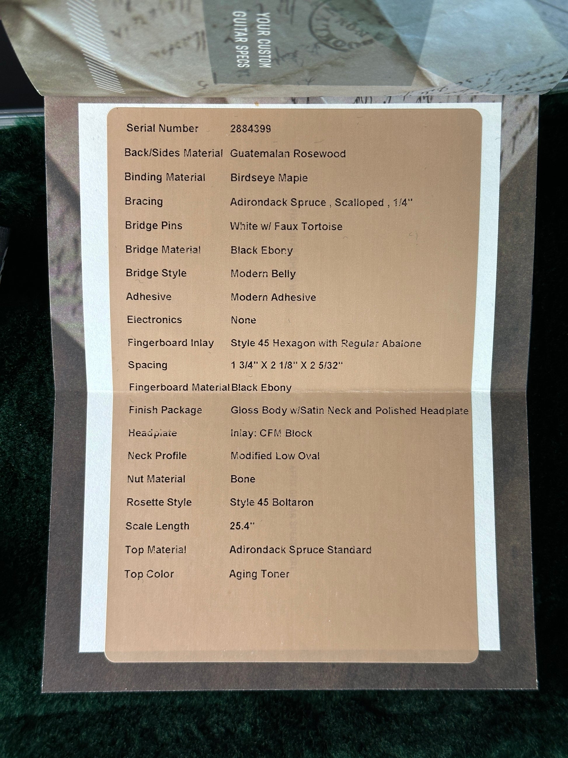 Spec sheet for Martin Custom Shop 28/45 Style OM Adirondack/Guatemalan RW.