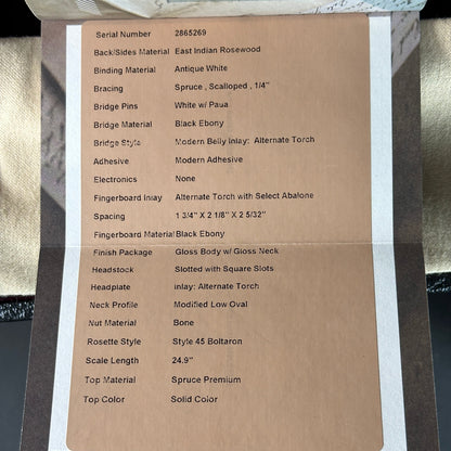 Spec sheet for Martin Custom Shop 00-42 Torch Motif Black Sitka/EIR.