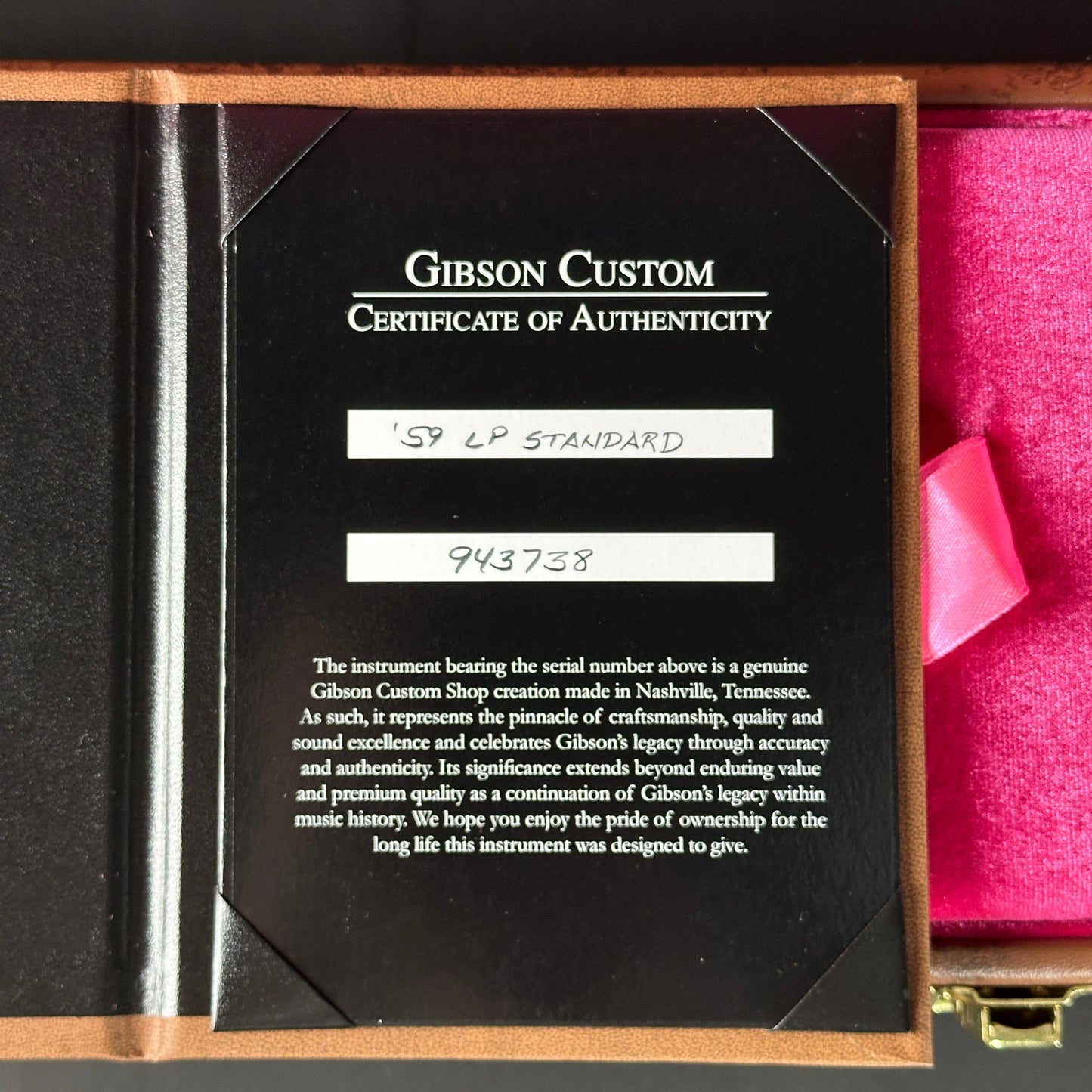 Certificate of authenticity for Gibson Custom Shop Made 2 Measure 1959 Les Paul Standard Chambered Lemon Burst VOS.