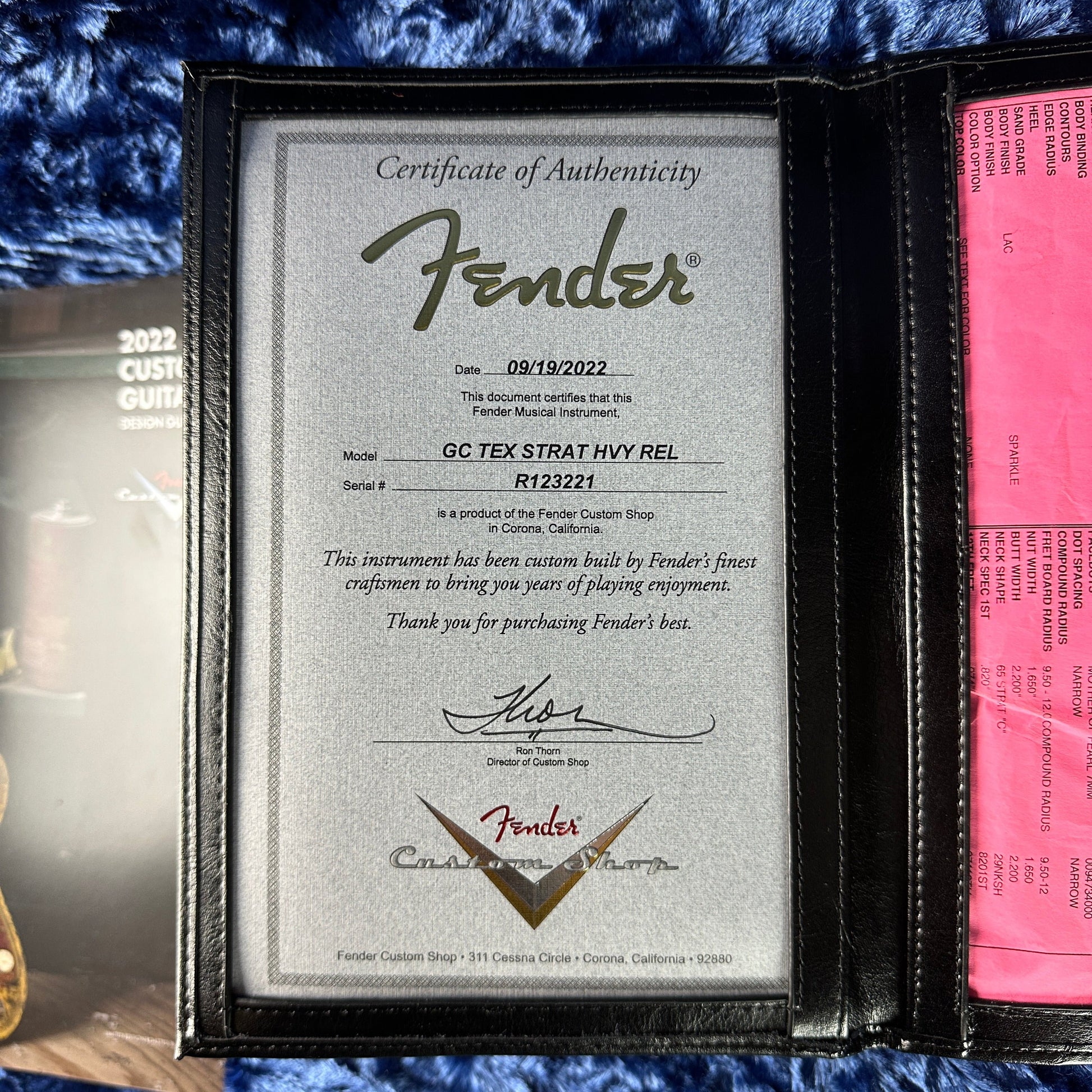 Certificate of authenticity for Used Fender Custom Shop GC Tex Strat Heavy Relic Blue Sparkle Over Candy Apple Red.