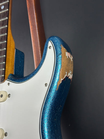 Right horn of Used Fender Custom Shop GC Tex Strat Heavy Relic Blue Sparkle Over Candy Apple Red.