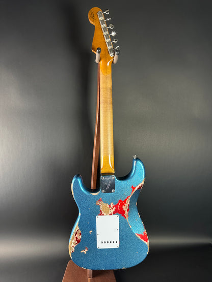 Full back of Used Fender Custom Shop GC Tex Strat Heavy Relic Blue Sparkle Over Candy Apple Red.