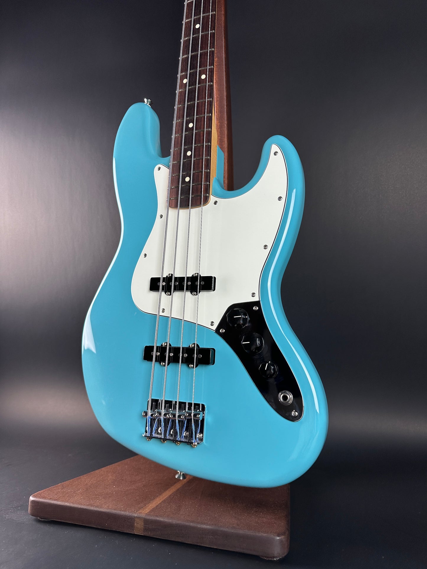 Front angle of Used 2024 Fender Player II Jazz Bass Aquatone Blue.