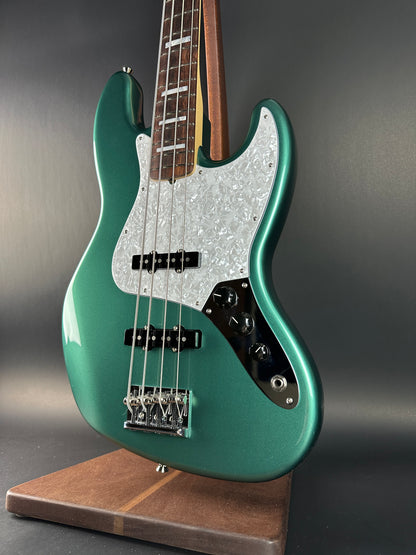 Front angle of Used Fender Adam Clayton Jazz Bass Green.