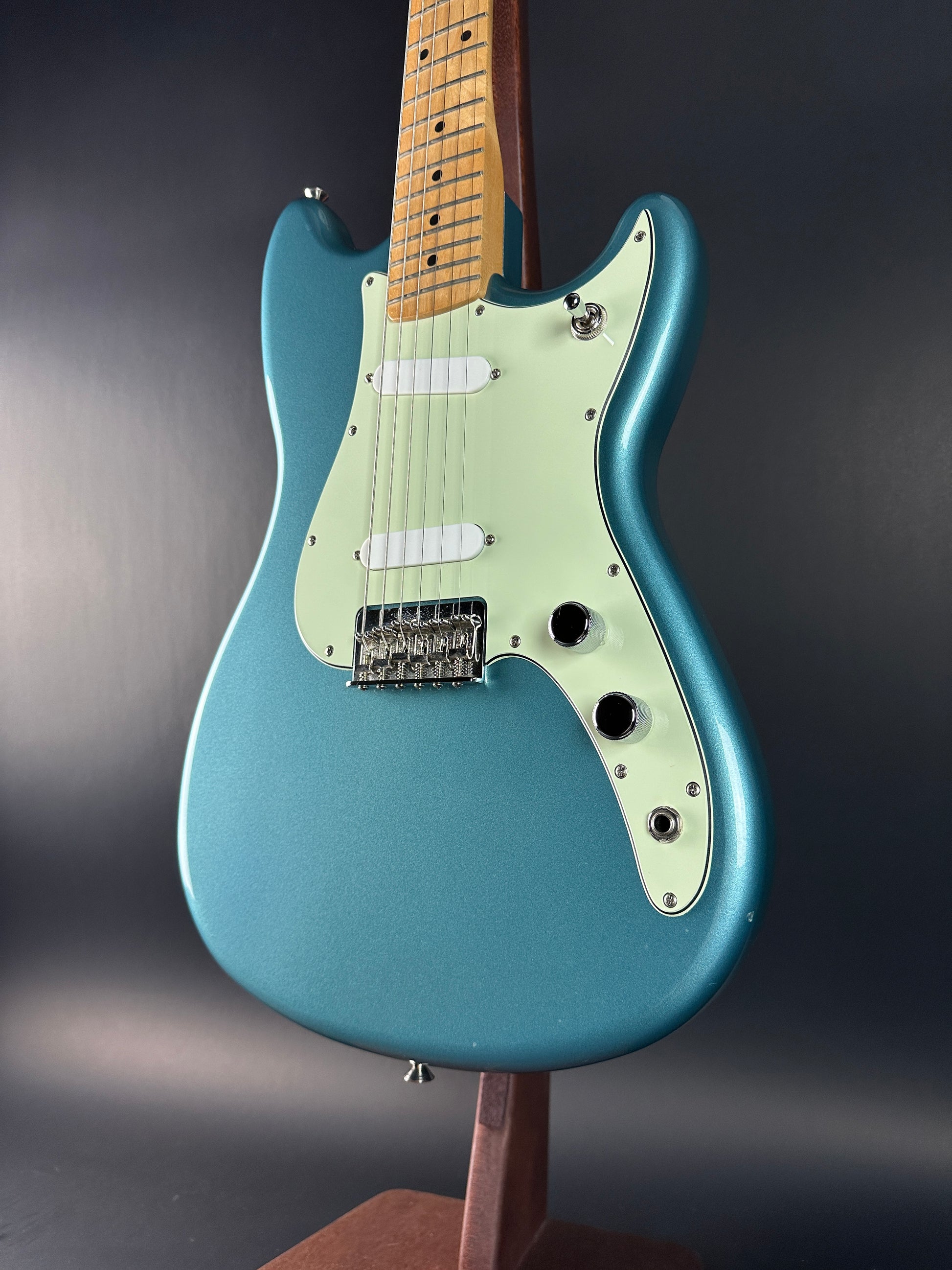 Front angle of Used Fender Player Duo Sonic Tide Pool Blue.