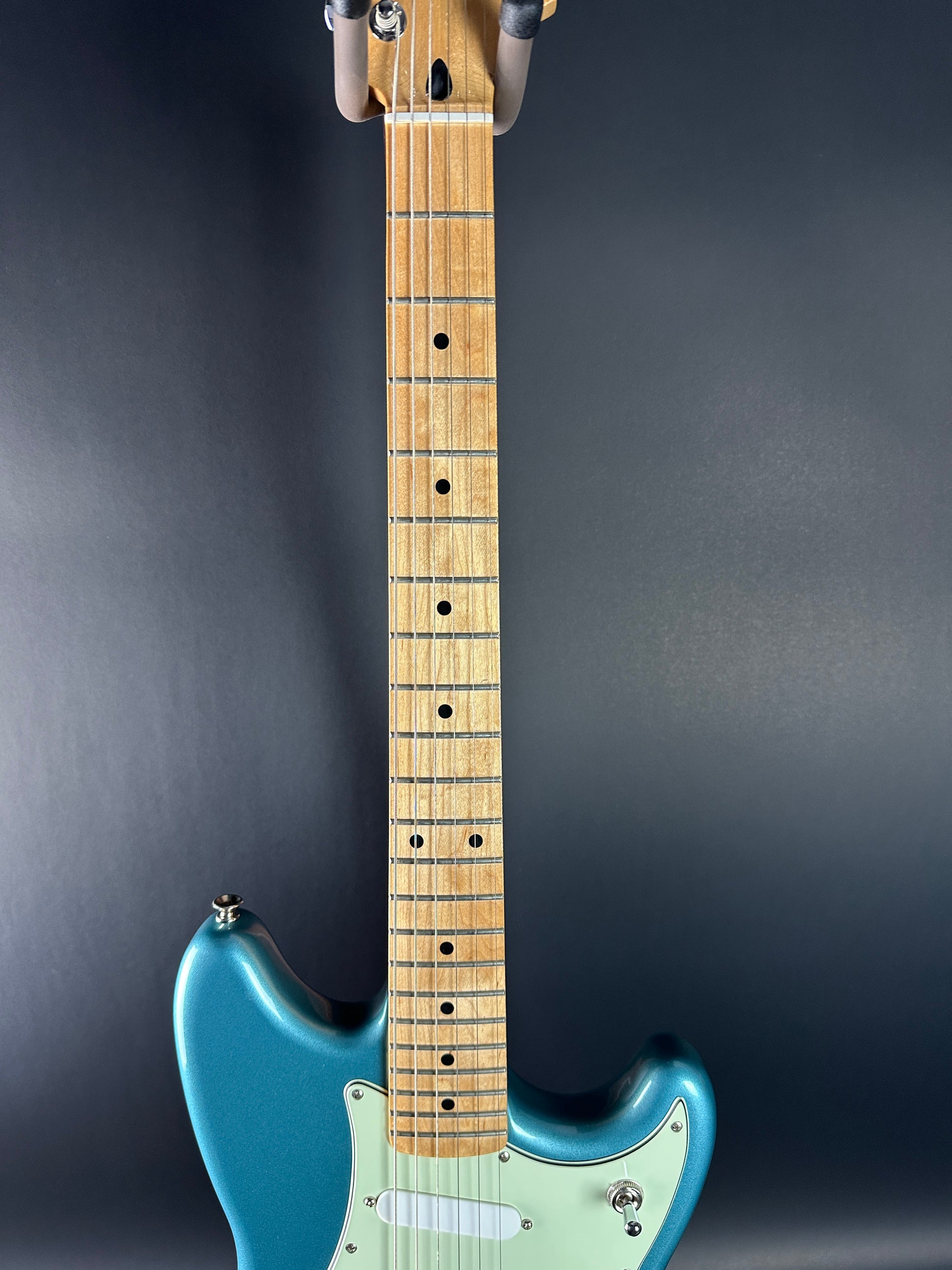 Fretboard of Used Fender Player Duo Sonic Tide Pool Blue.