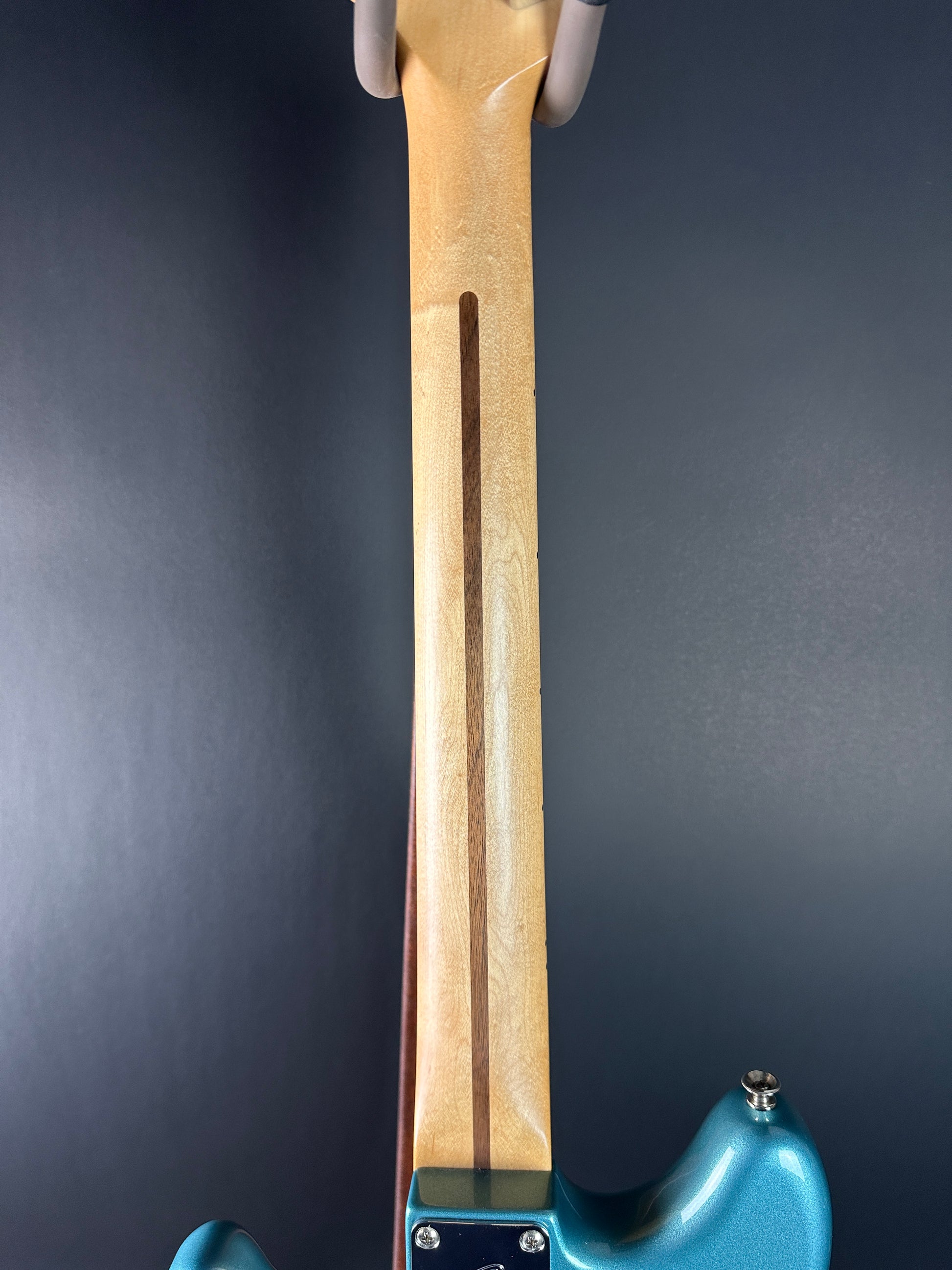 Back of neck of Used Fender Player Duo Sonic Tide Pool Blue.