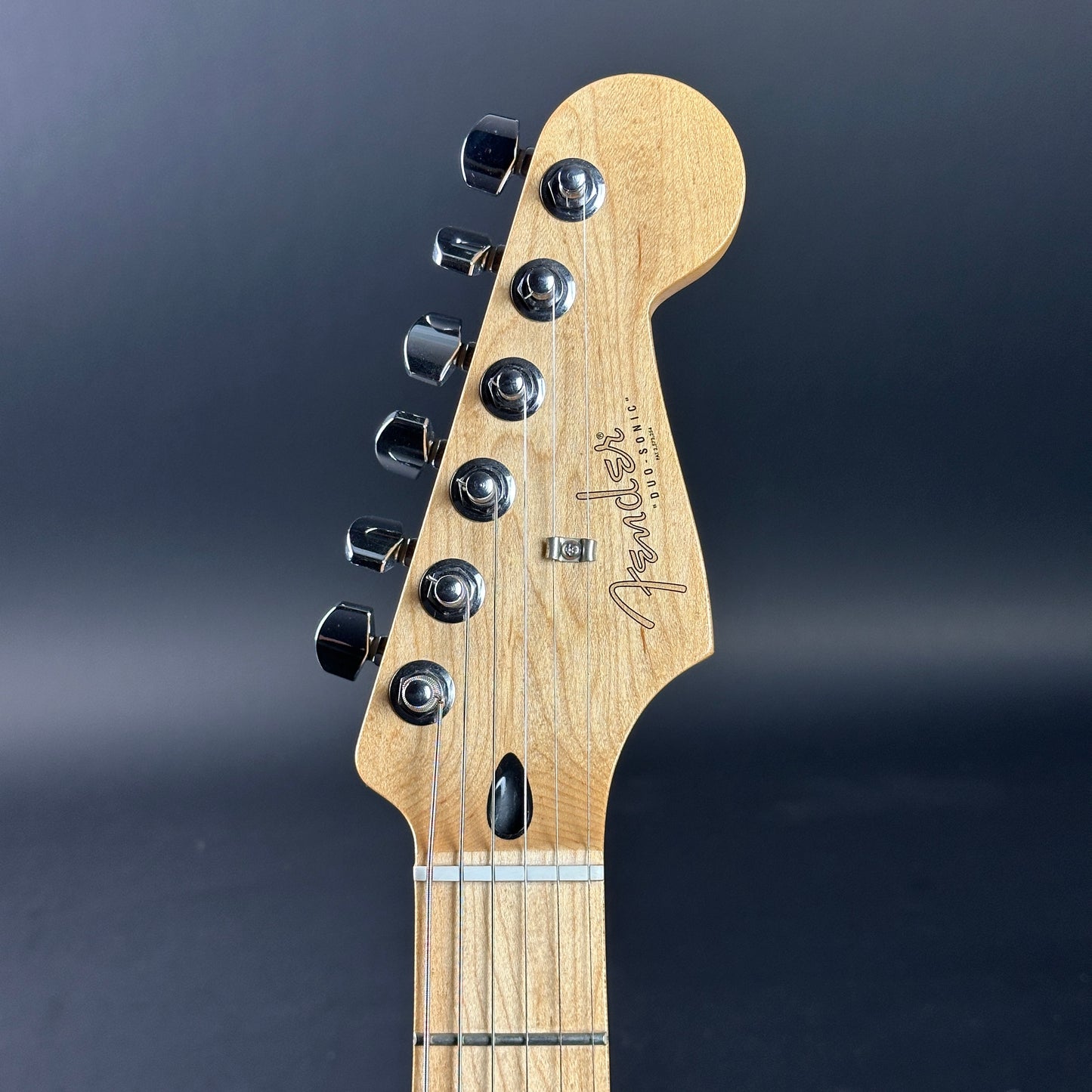 Headstock of Used Fender Player Duo Sonic Tide Pool Blue.