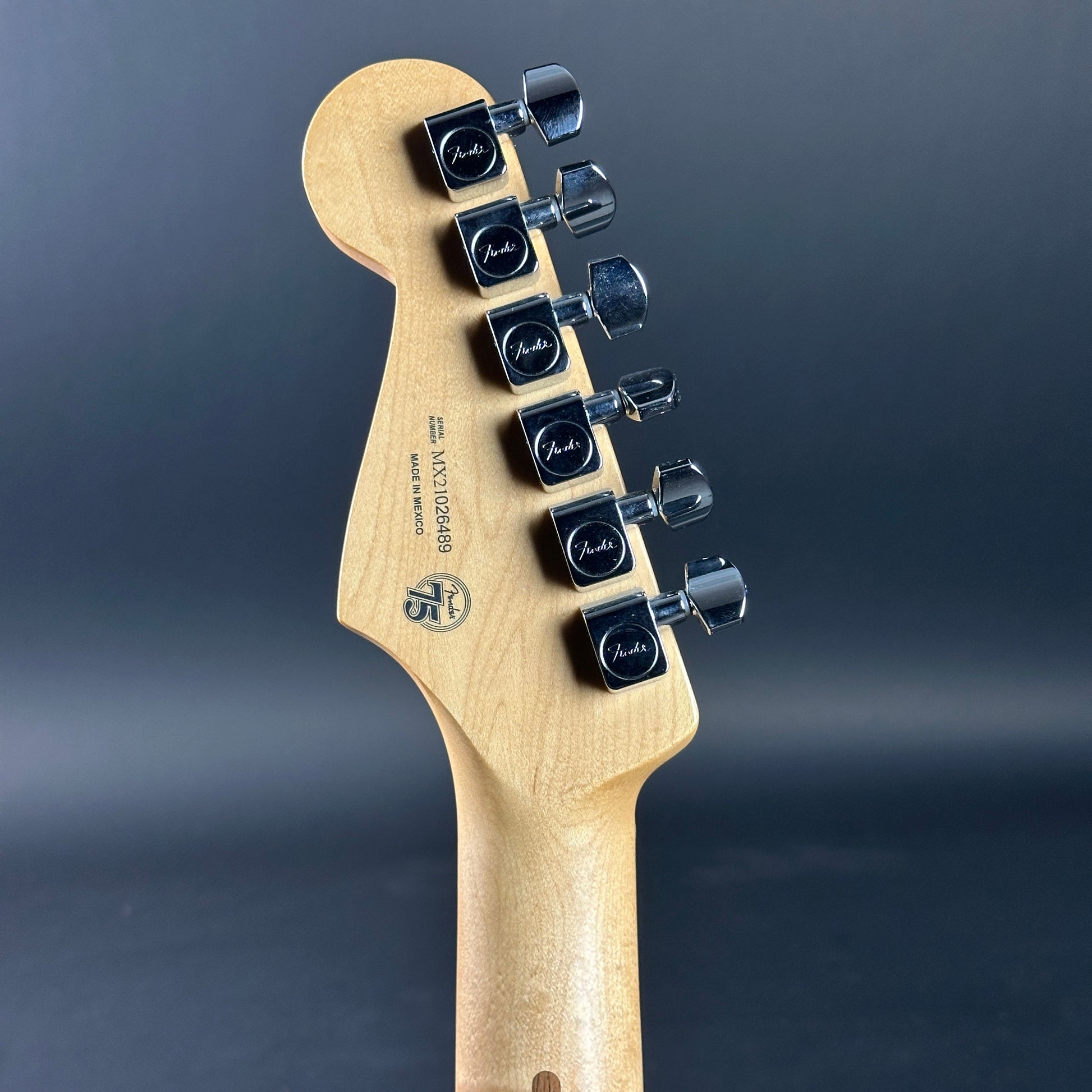 Back of headstock of Used Fender Player Duo Sonic Tide Pool Blue.