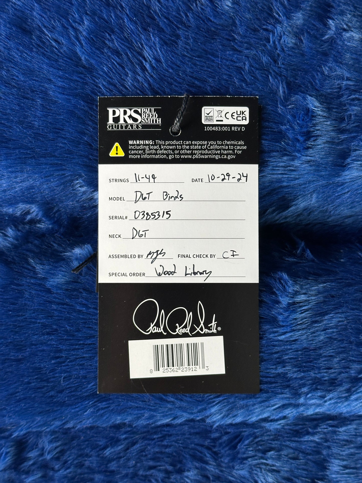 Hang tag for PRS Wood Library DGT Faded Whale Blue Smokeburst 10 Top Swamp Ash w/Stained Neck.