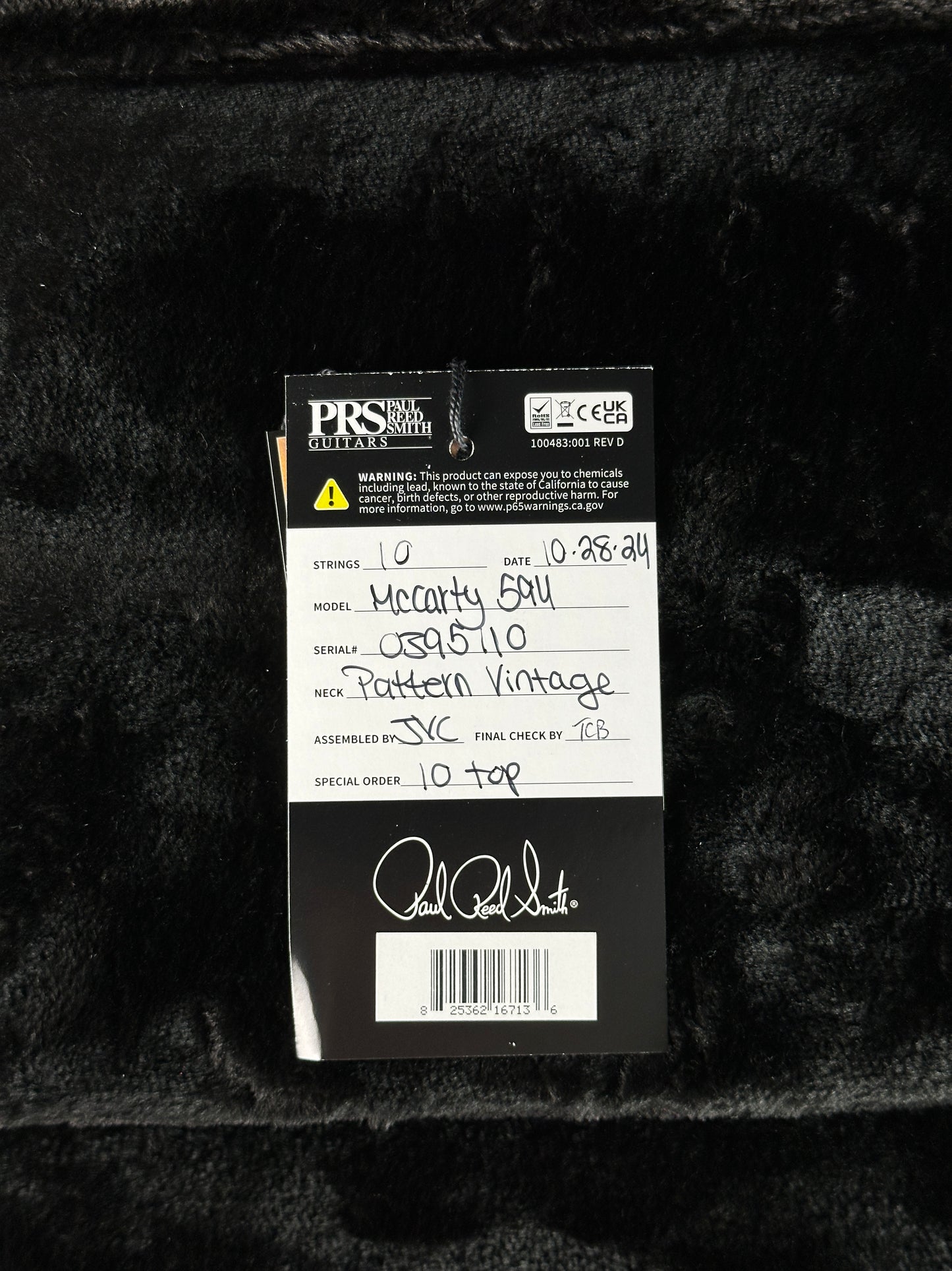 Hang tag for PRS Paul Reed Smith McCarty 594 McCarty Sunburst 10 Top Birds.