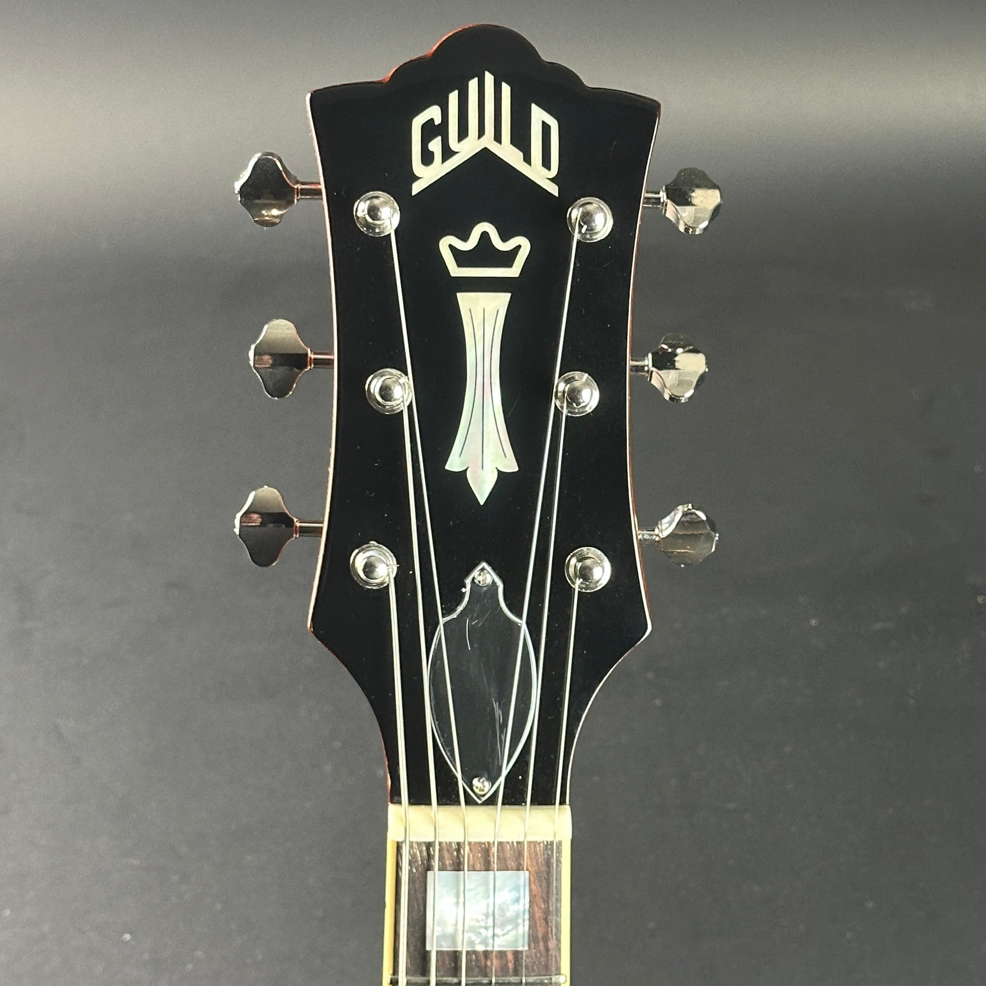 Headstock of Used Guild Newark St. Bluesbird Sunburst.