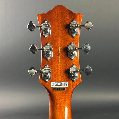 Back of headstock of Used Guild Newark St. Bluesbird Sunburst.