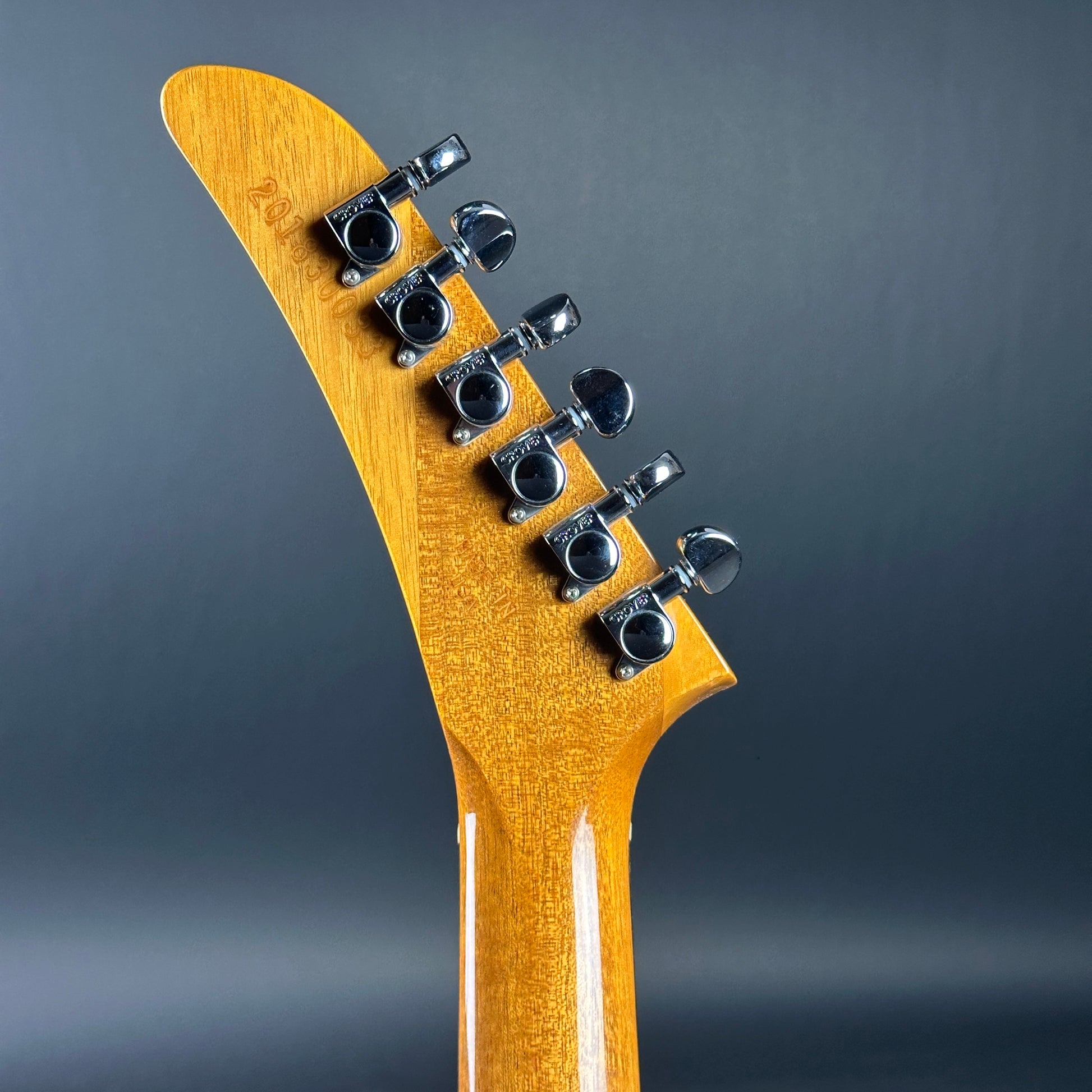 Back of headstock of Used Gibson 1970's Explorer Natural.