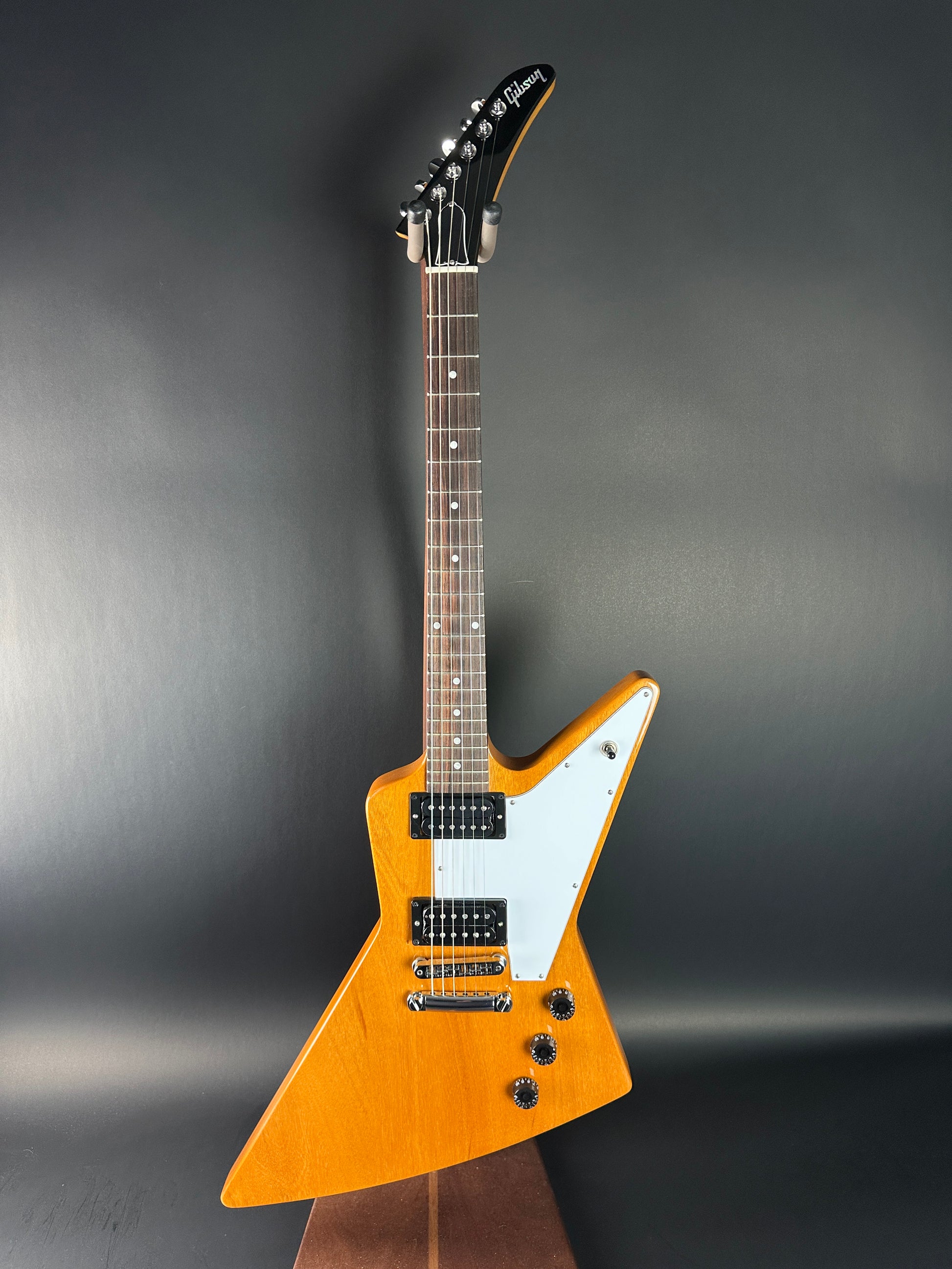 Full front of Used Gibson 1970's Explorer Natural.