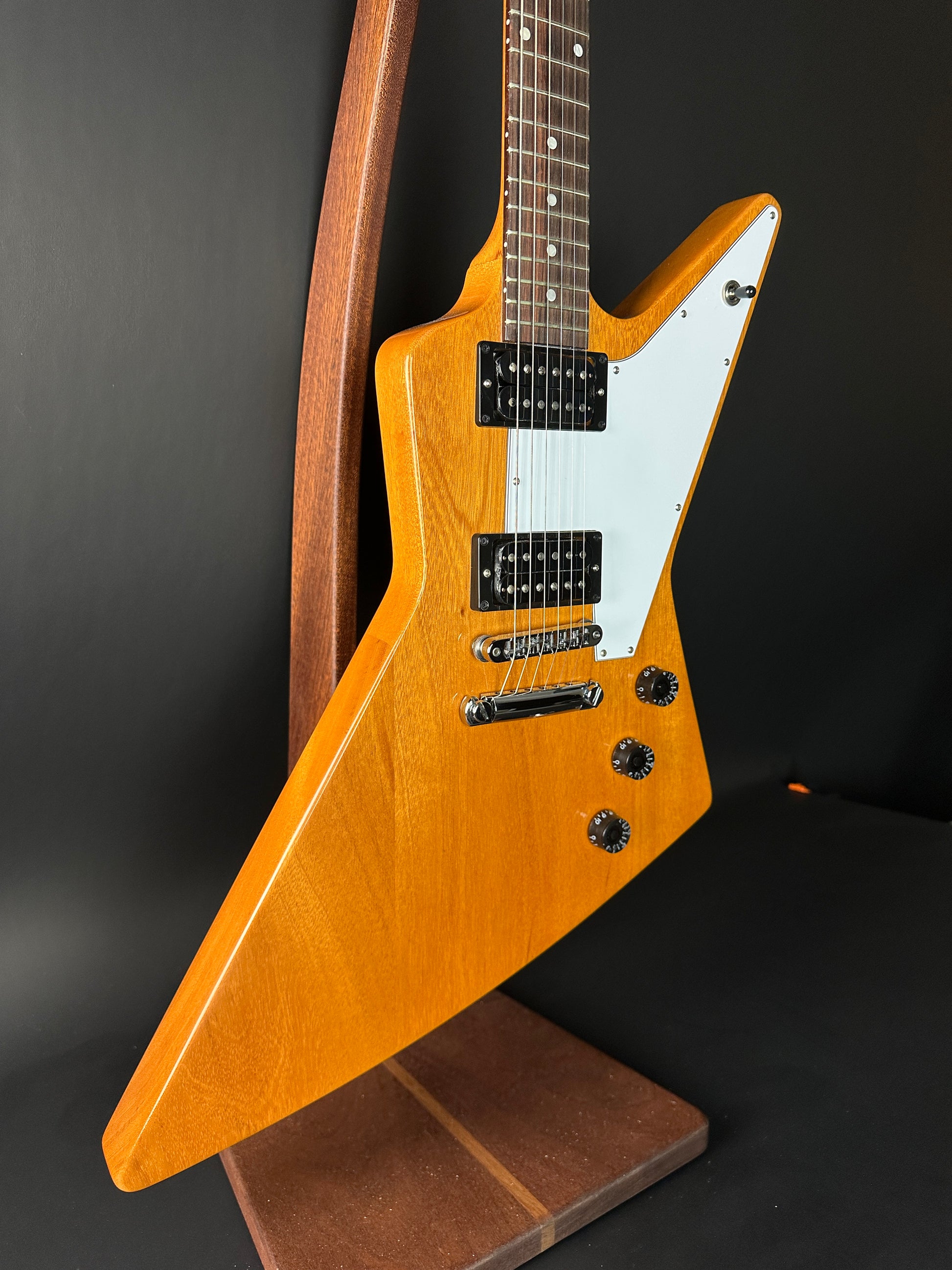 Front angle of Used Gibson 1970's Explorer Natural.