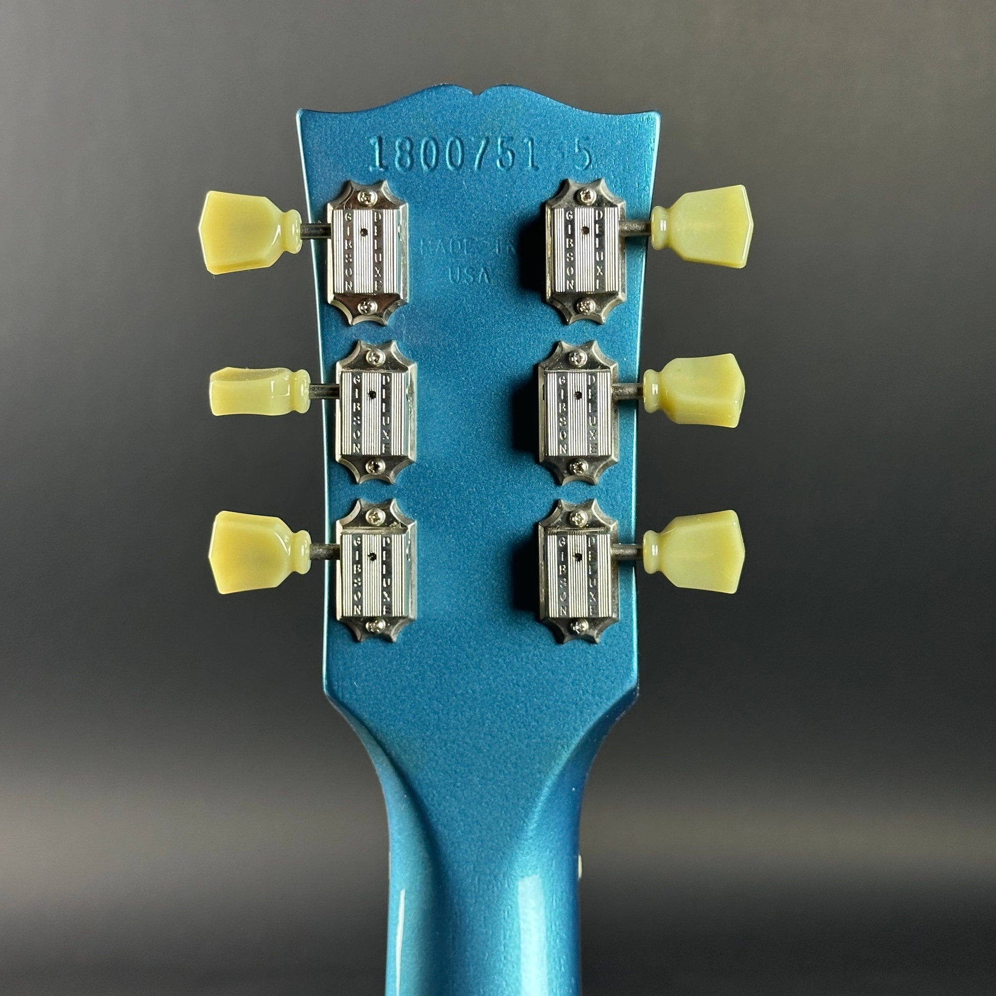 Back of headstock of Used 2015 Gibson Les Paul Special Pelham Blue.