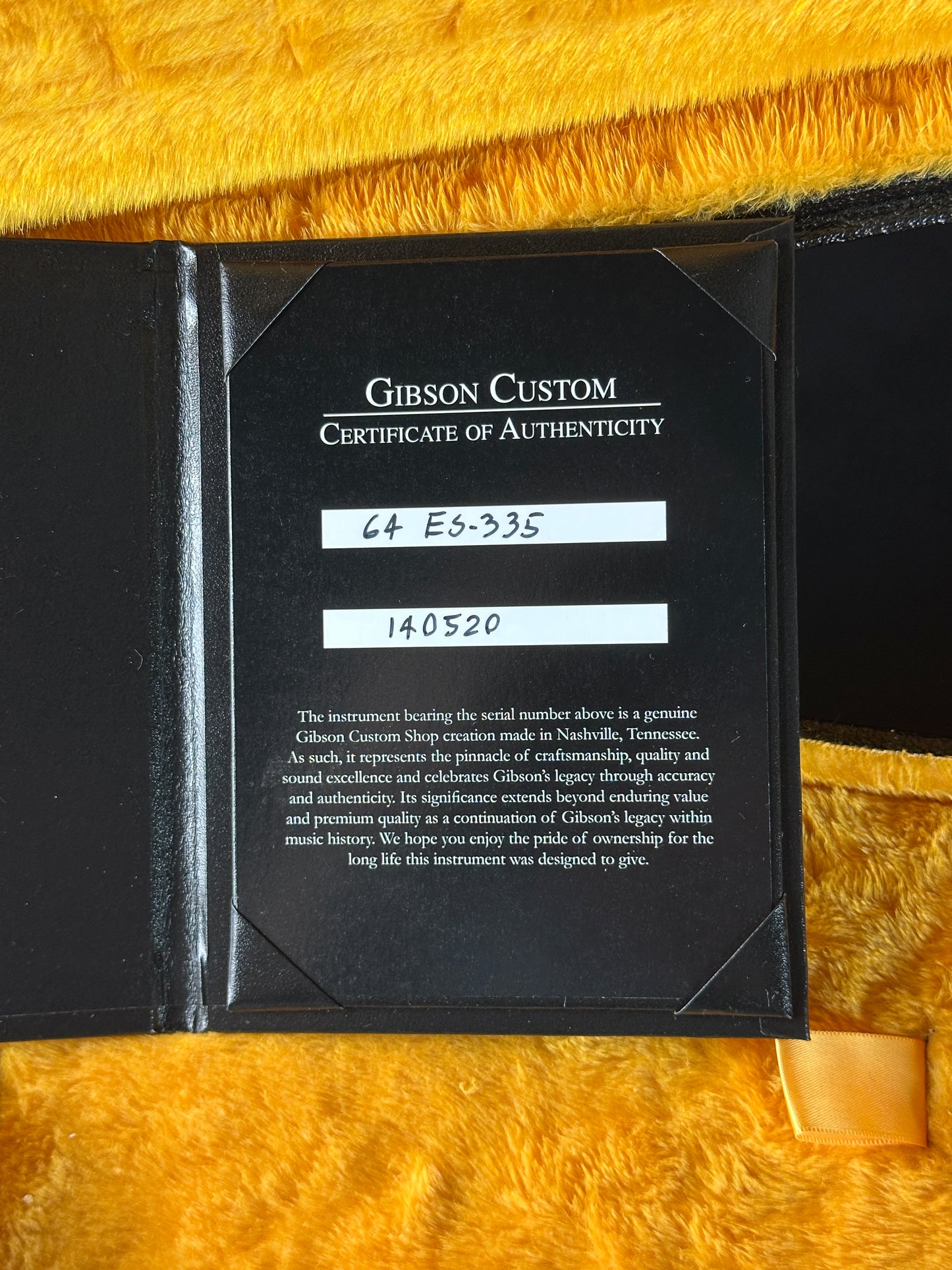 Certificate of Authenticity for Gibson Custom Shop 1964 ES-335 Brunswick Hawaiian Blue Gloss NH.