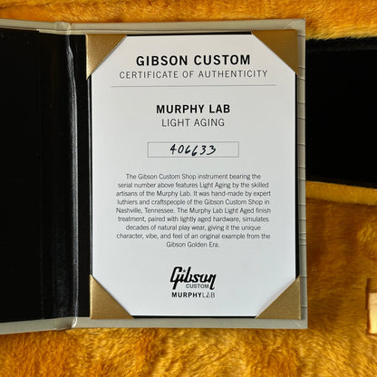 Certificate of authenticity for Gibson Custom Shop M2M 1963 SG Junior w/64 Neck Double Gold Murphy Lab Light Aged w/Stinger.