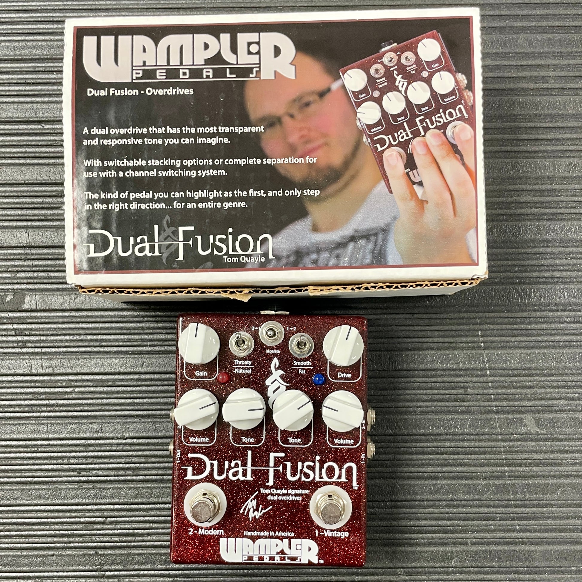 Top down of Used Wampler Dual Fusion Tom Quayle Overdrive Pedal w/Box TSS2895.