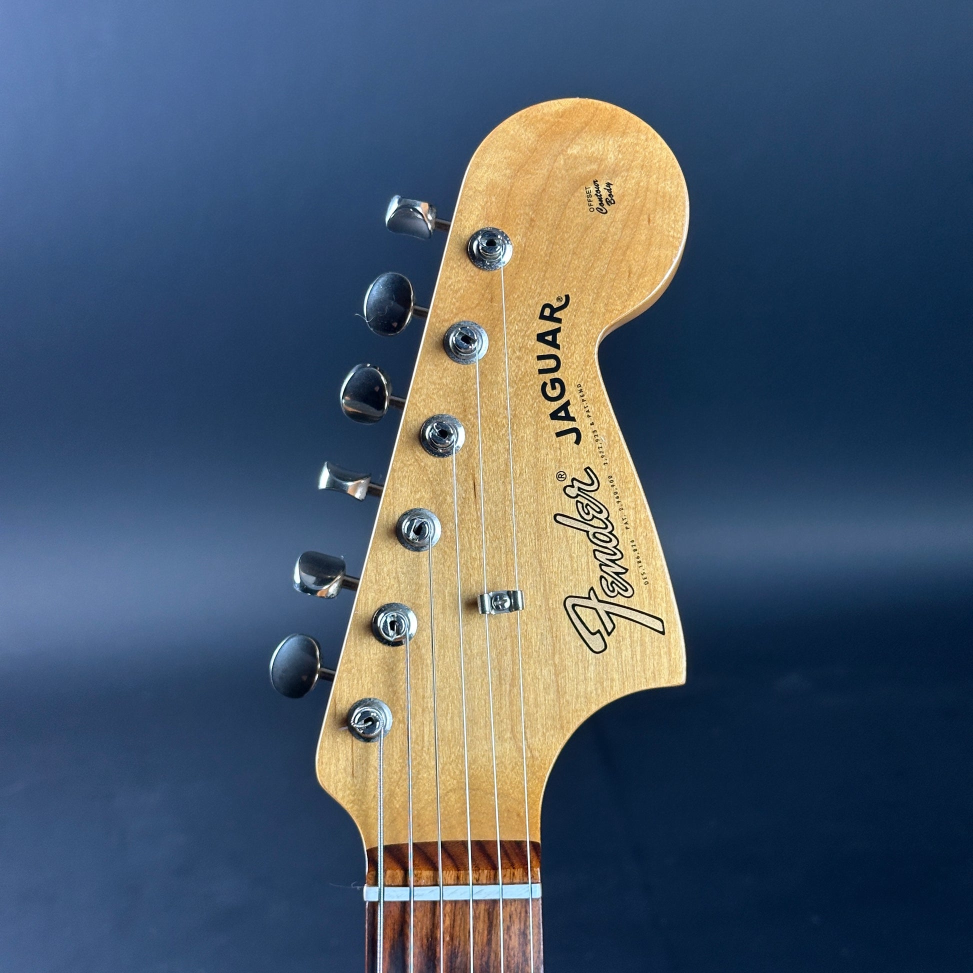 Headstock of Used 2021 Fender Vintera Jaguar Mod Daphne Blue.