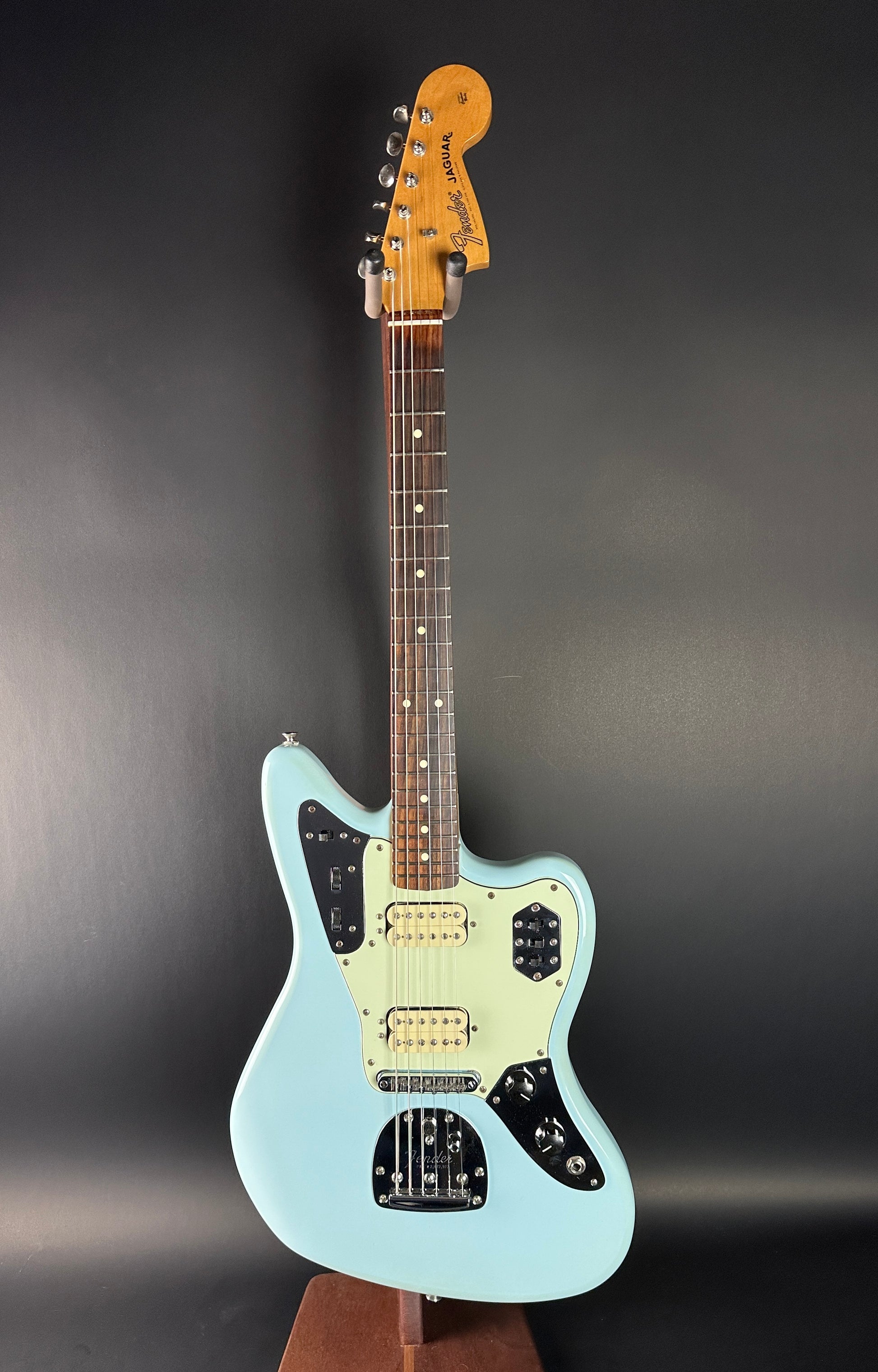 Full front of Used 2021 Fender Vintera Jaguar Mod Daphne Blue.