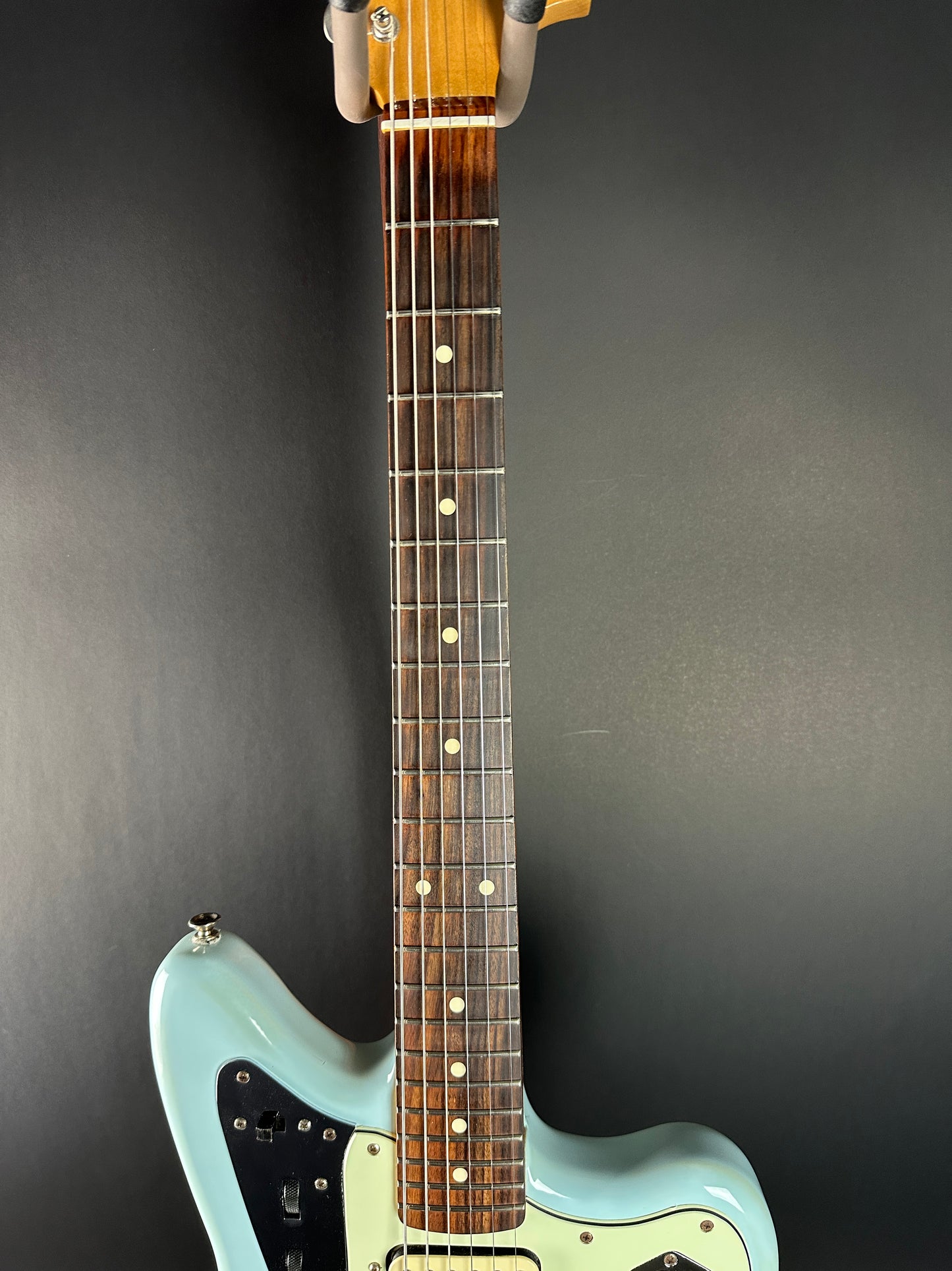 Fretboard of Used 2021 Fender Vintera Jaguar Mod Daphne Blue.