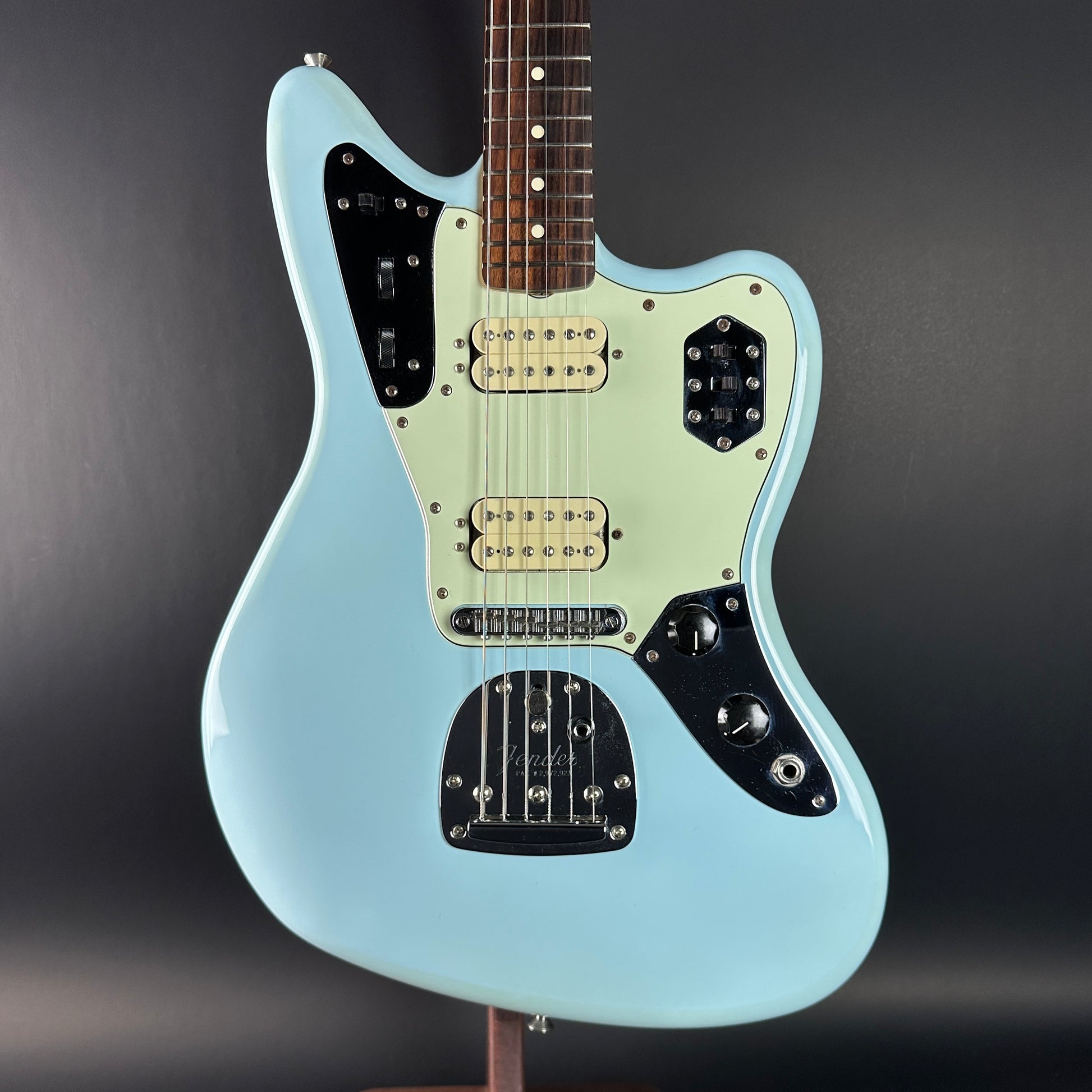 Front of Used 2021 Fender Vintera Jaguar Mod Daphne Blue.