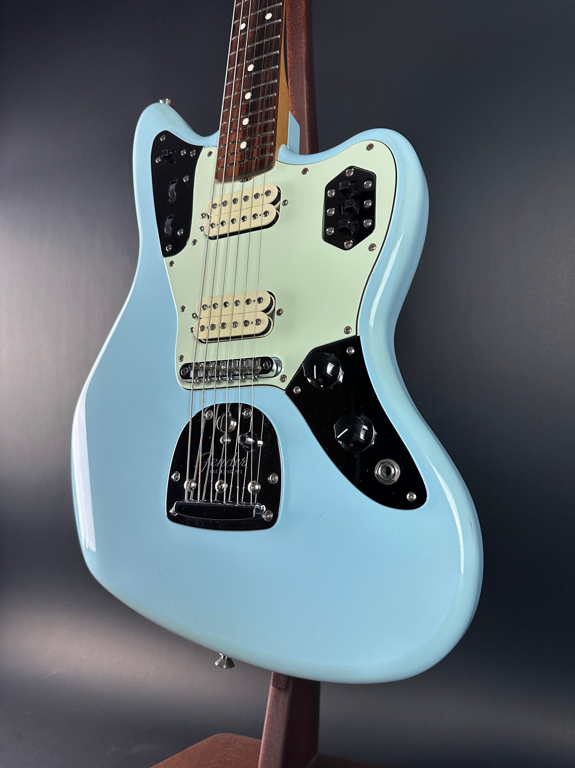 Front angle of Used 2021 Fender Vintera Jaguar Mod Daphne Blue.