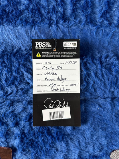 Hang tag for PRS Wood Library McCarty 594 10-top Quilt Livingston Lemondrop.