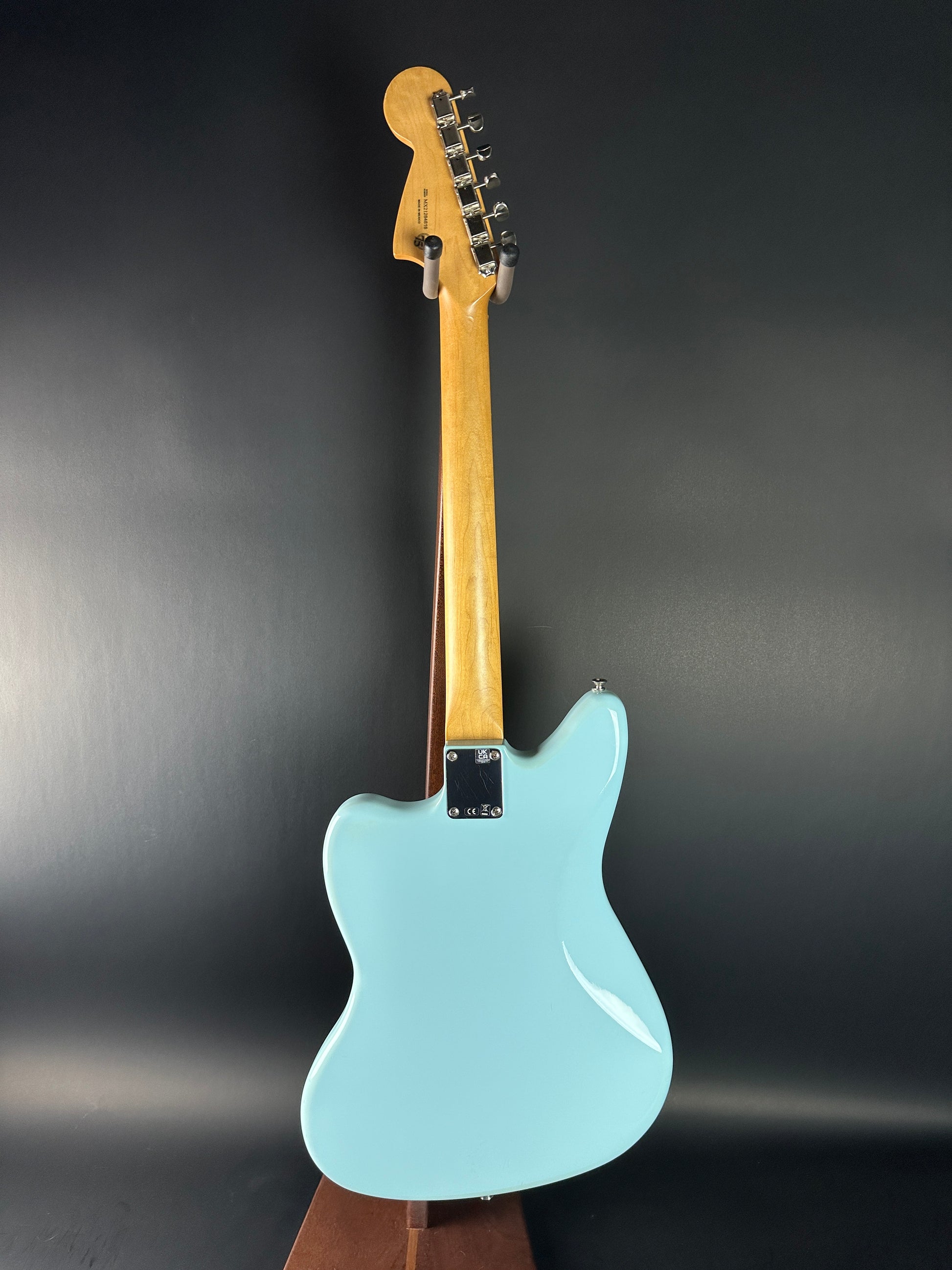 Full back of Used 2021 Fender Vintera Jaguar Mod Daphne Blue.