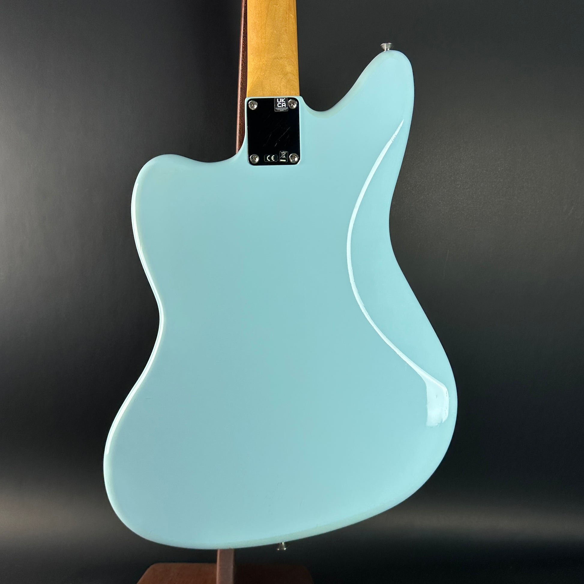 Back of Used 2021 Fender Vintera Jaguar Mod Daphne Blue.